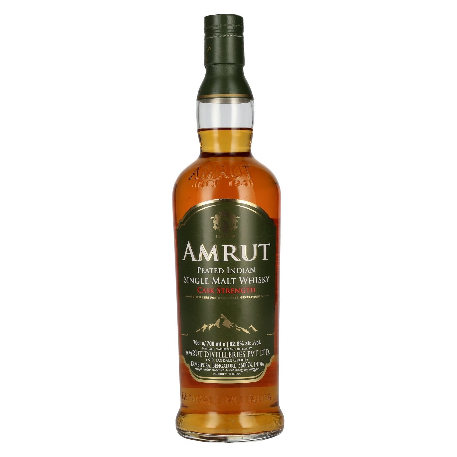 0738c4854835b58b2f6d701546ac7160cf83393bed7d382c07d92f1c074bb1c8.jpg Amrut Peated Indian Single Malt Whisky Cask Strength 62.8% vol. 0.7 l - Image 1