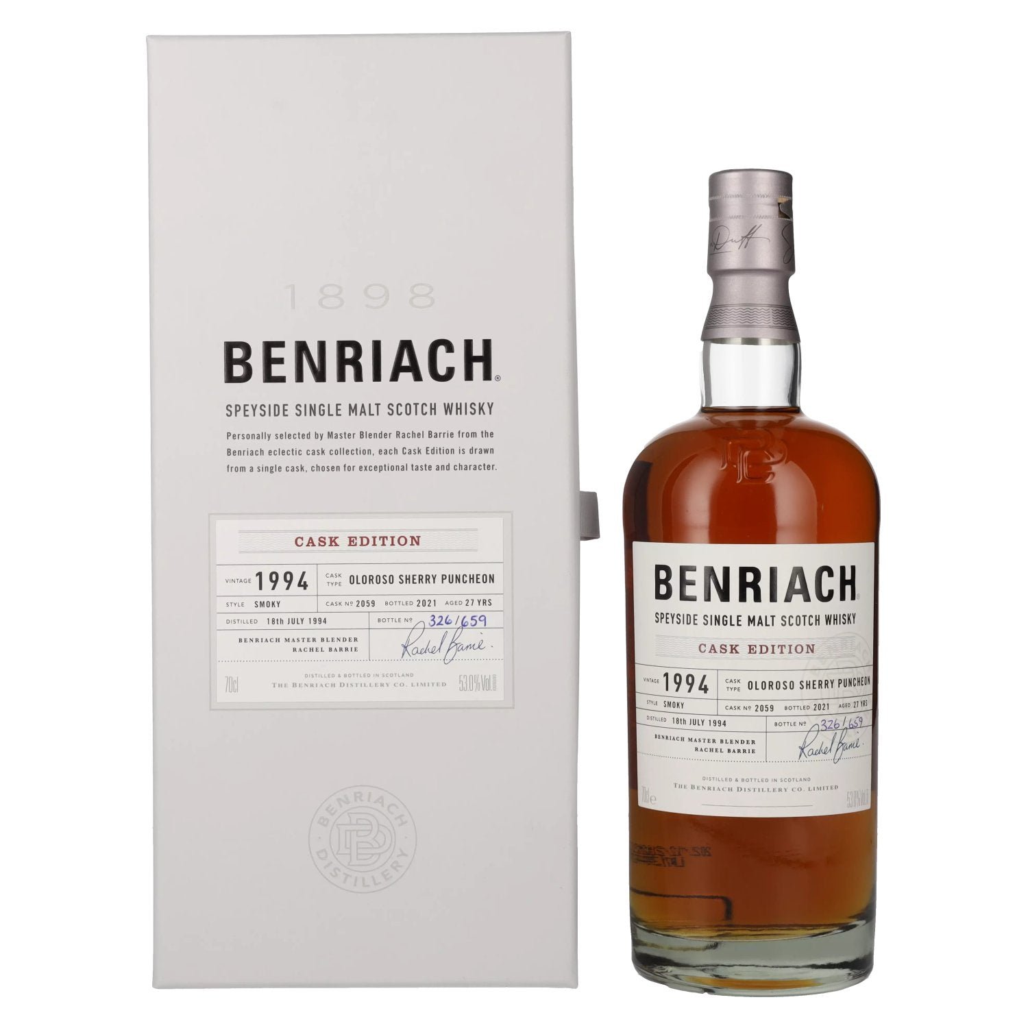 095a6ecb2cd23d34e6e5f1e4d884cd9c6442ca7998b366e76feb6ce446264bc4.jpg Benriach 27 Years Old Smoky CASK EDITION Oloroso Sherry Vintage 1994 53% Vol. 0,7l in gift box - Image 1