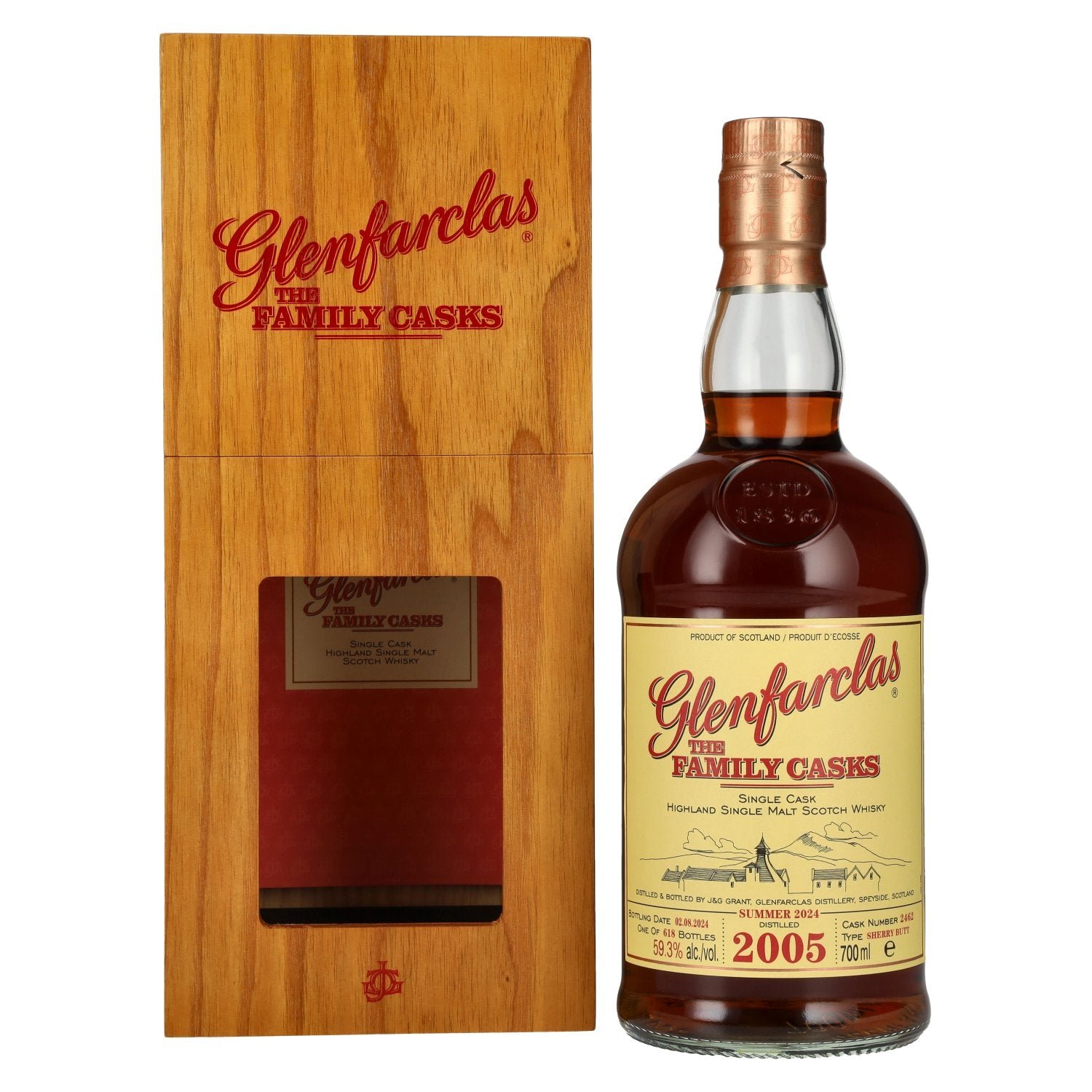 095b91e8930630d5dc3e3c9ce5a025a036b1c7da7241228ae77a07fb91e5e638.jpg Glenfarclas THE FAMILY CASKS Single Cask SUMMER 2024 Sherry Butt #2462 2005 59,3% Vol. 0,7l in wooden box - Image 1