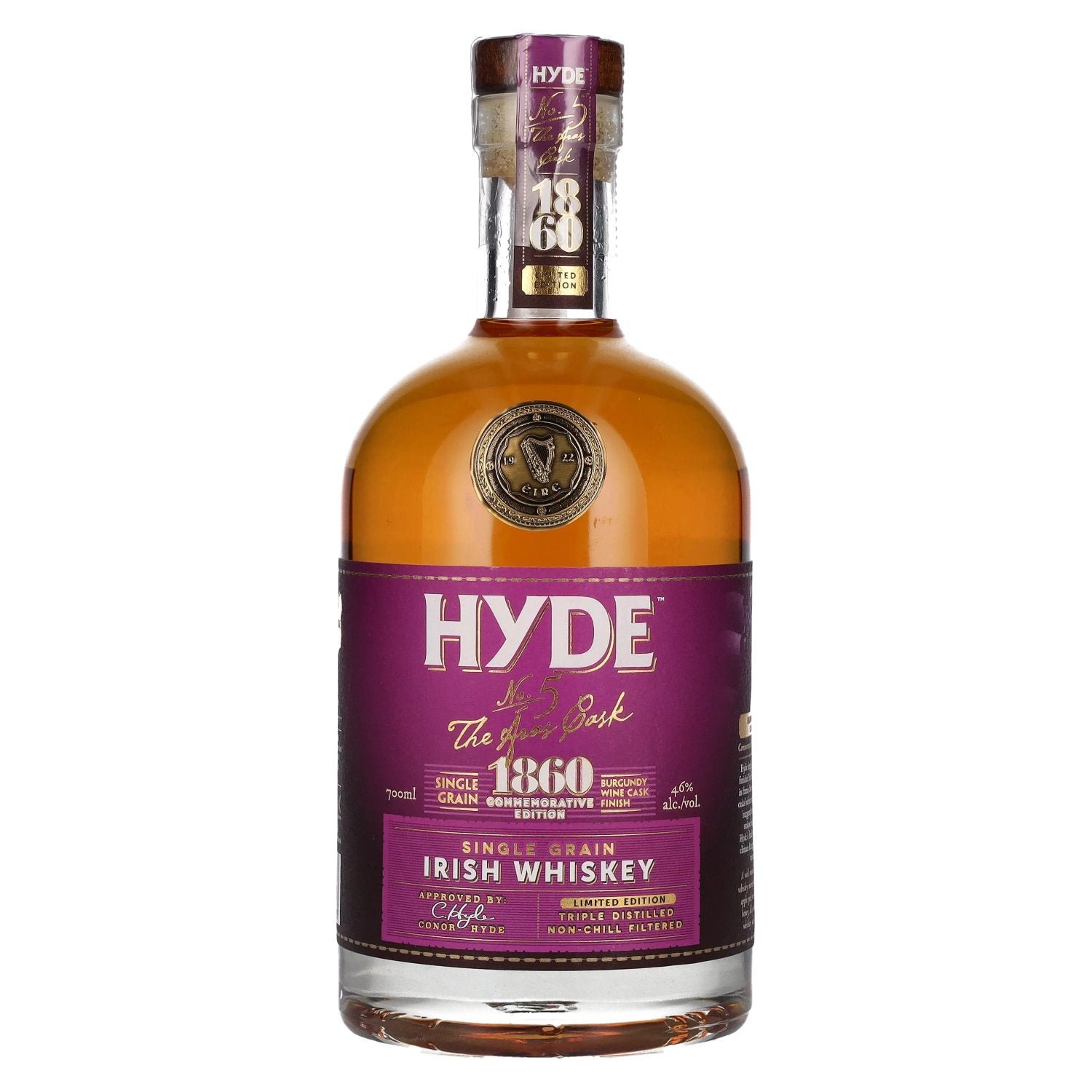 0bdb34a436e73c9d913720725706bff4c7fbc15c22eb7b4a2862a26b5342724d.jpg Hyde No.5 THE ÁRAS CASK 1860 Single Grain Burgundy Cask Finish 46% Vol. 0,7l - Image 1
