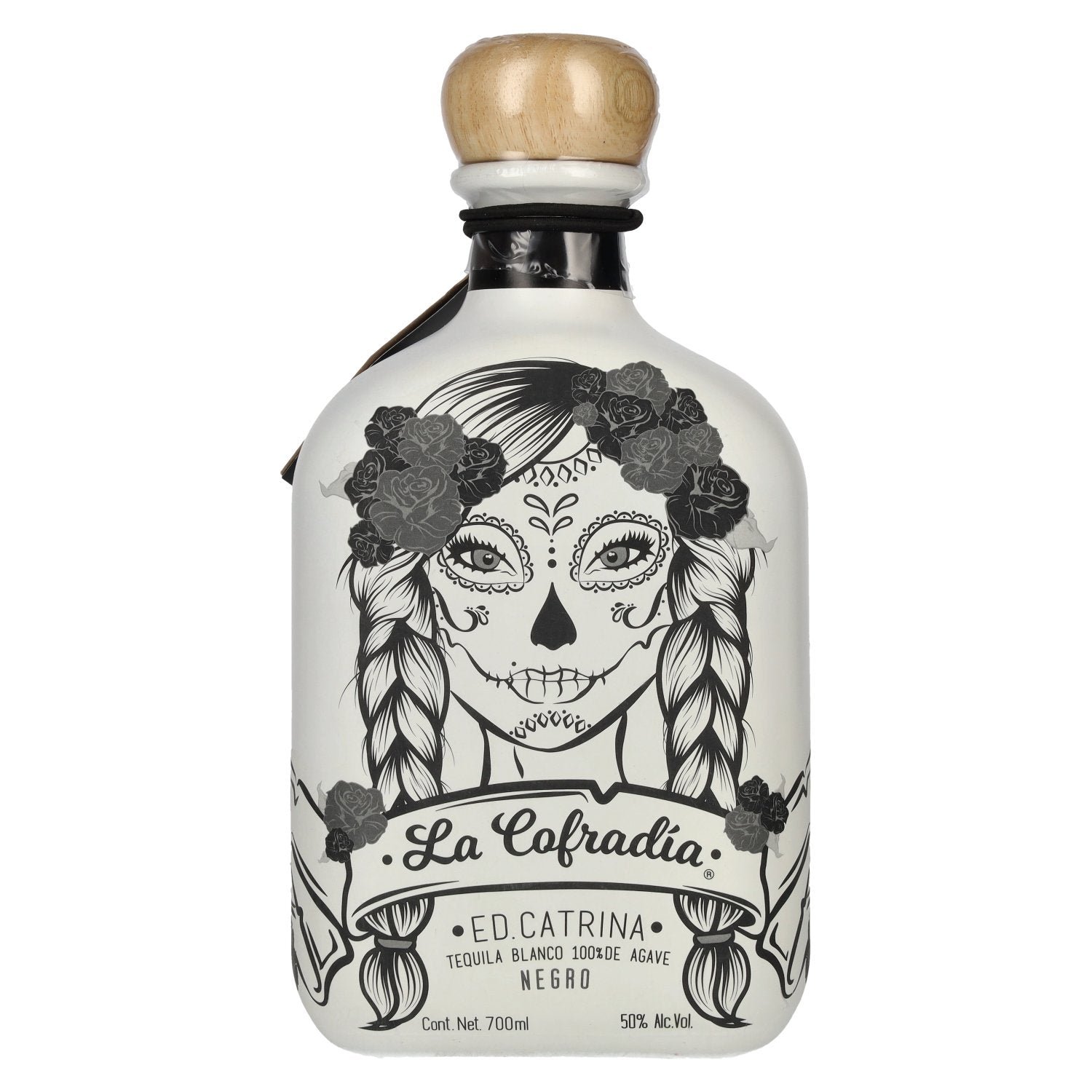 0c1c07e4aa83a9ff78635bf89c8cbb5f97e57d478c83cf5441168deec1714cf8.jpg La Cofradia ED. CATRINA Tequila Blanco 100% de Agave NEGRO 50% Vol. 0,7l - Image 1