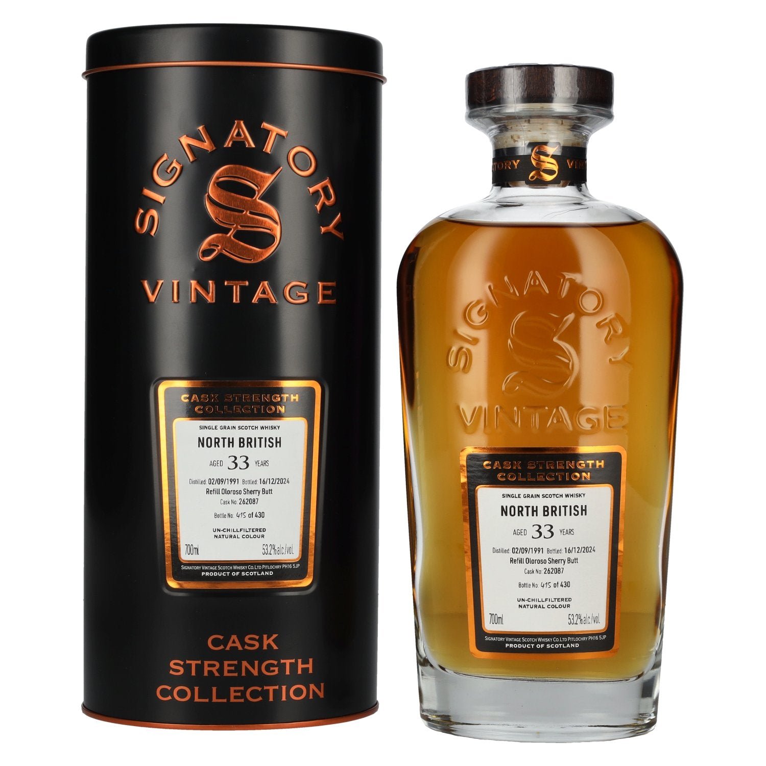 0c651e25c48436b465f2efee26f6a7fc7ad3e5648d7ff4ecffbd81e678bec2b6.jpg Signatory Vintage NORTH BRITISH 33 Years Old Refill Oloroso Cask Strength #262087 1991 53,2% Vol. 0,7l in Tinbox - Image 1