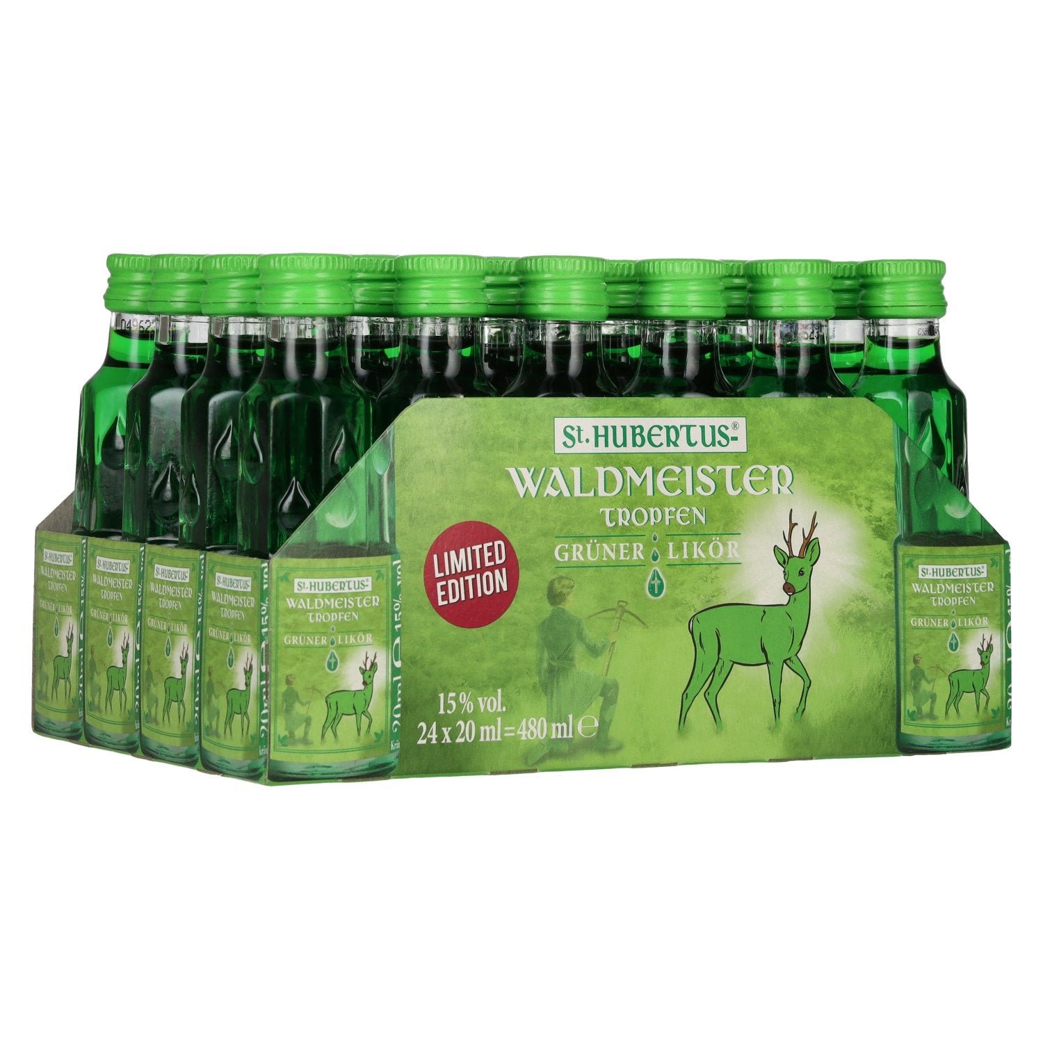 0f9852a9b49b07d3ac630400d1f10b0d721b9ba502fc724c734cc5c885724d71.jpg St. Hubertus WALDMEISTER Green Liqueur Drops Limited Edition 15% ABV 24 x 0.02 l - Image 1