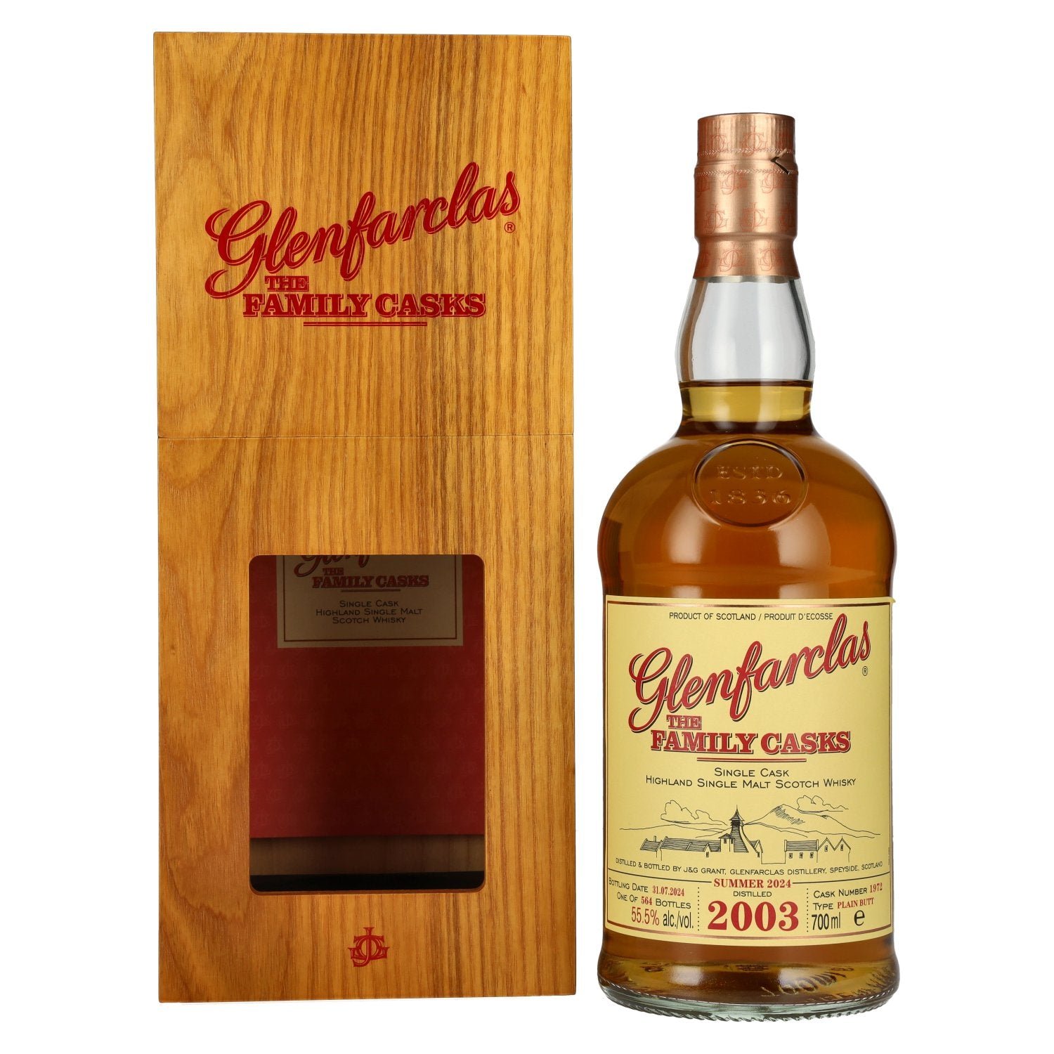17b09609391f69c0cccd05b0c1707f9490878384cc8d0303cd02df04f561a6b6.jpg Glenfarclas THE FAMILY CASKS Single Cask SUMMER 2024 Plain Butt #1972 2003 55,5% Vol. 0,7l in wooden box - Image 1