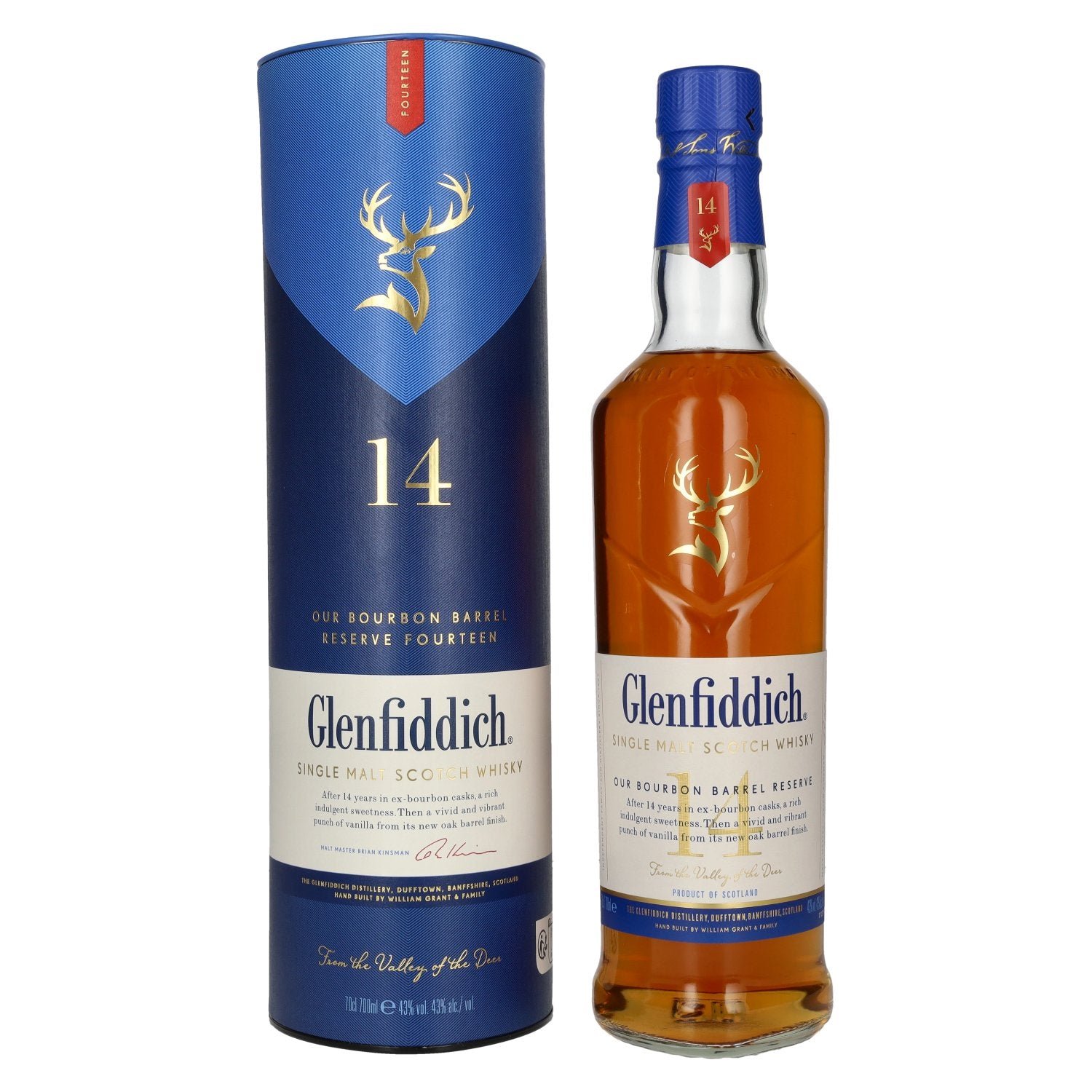 195fd7f68eedf413f28b81ecd2c4a2d6e9af74026c147f8701b9c424e1a07873.jpg Glenfiddich 14 Years Old OUR BOURBON BARREL RESERVE 43% Vol. 0,7l in gift box - Image 1