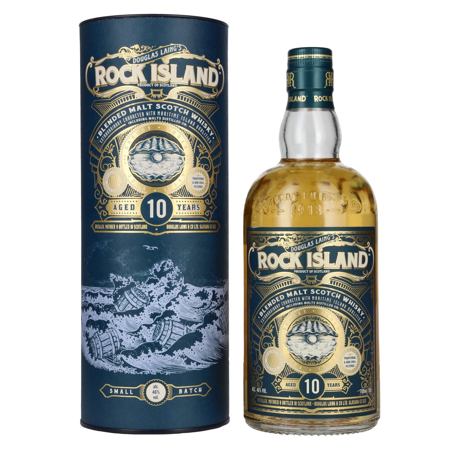 1ee2c5ee73ff45fee6e4137bbd693d91c450ee895ab1023100c61715c1e21e61.jpg Douglas Laing ROCK ISLAND 10 Years Old Blended Malt 46% Vol. 0,7l in gift box - Image 1