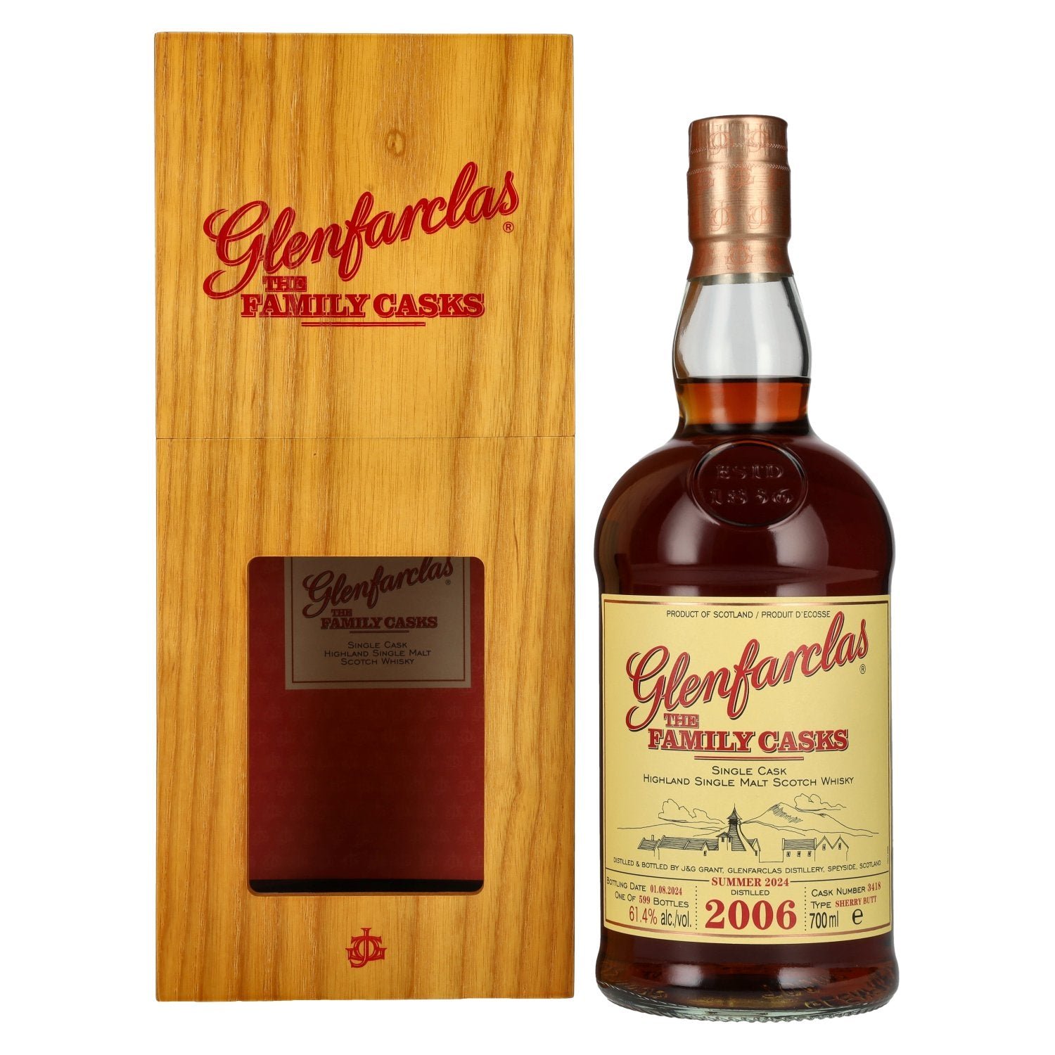 32c67765fca13fee14bd7e6e7fa8e213677a232471cd5754b079e48854d699d9.jpg Glenfarclas THE FAMILY CASKS Single Cask SUMMER 2024 Sherry Butt #3418 2006 61,4% Vol. 0,7l in wooden box - Image 1