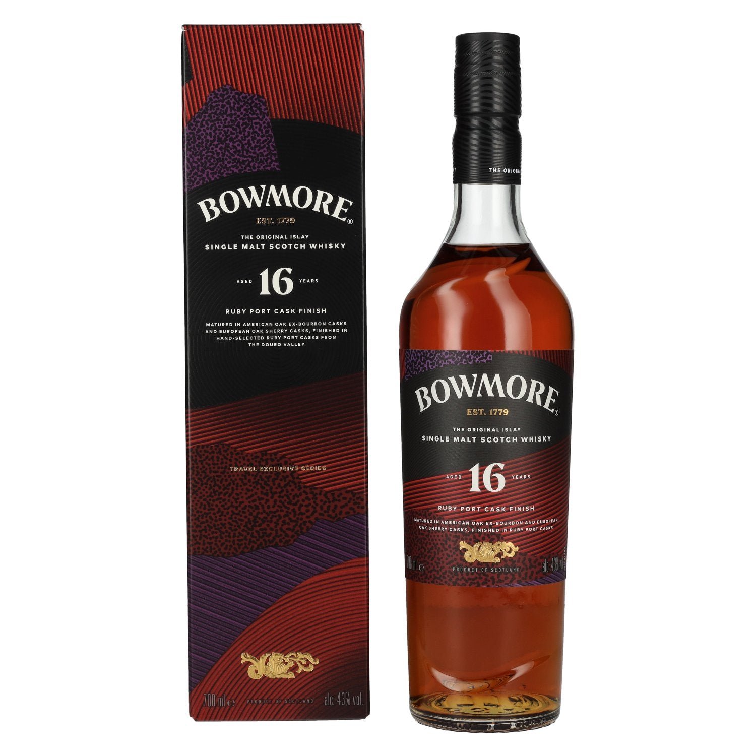 33560b6ebfd66efdeb259c01965b8b77bcb0f0682800f635518250a342302531.jpg Bowmore 16 Years Old Ruby Port Cask Finish Islay Single Malt 43% Vol. 0,7l in gift box - Image 1