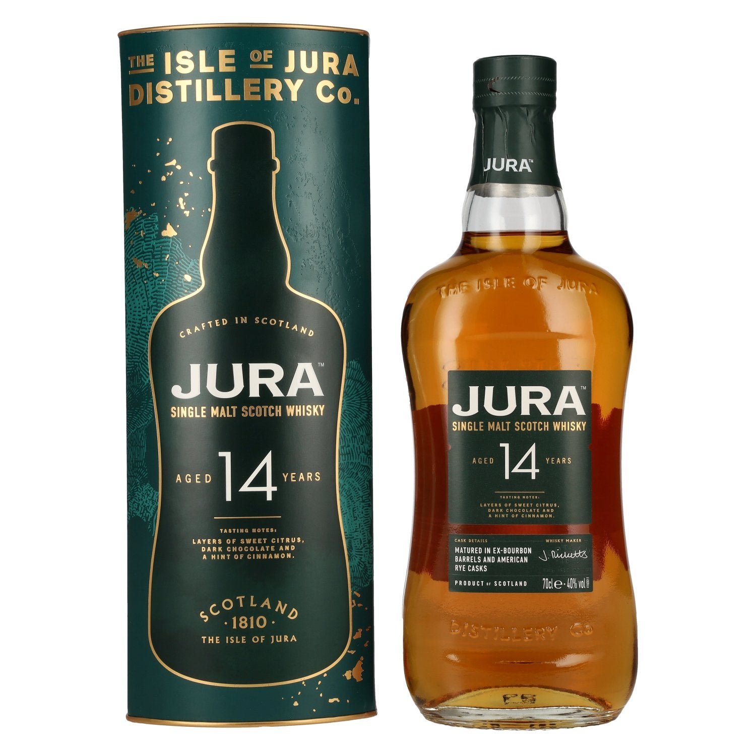 34f2616f6a32b2c92d9a04847646246acd8535123d07476dc3e63c540b4ebbfb.jpg Jura 14 Years Old American Rye Cask Single Malt Scotch Whisky 40% Vol. 0,7l in gift box - Image 1