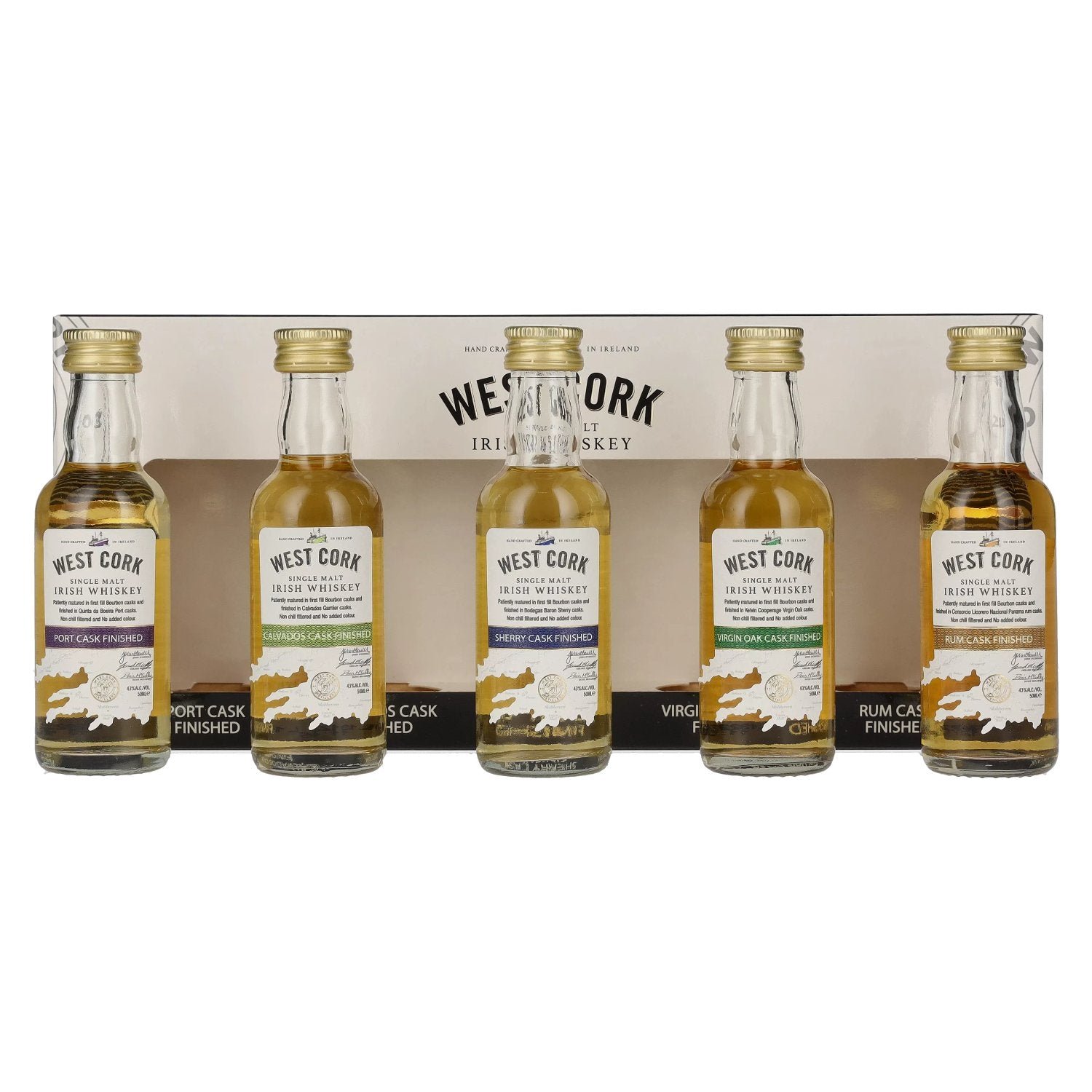35937d578013c7a18e4bc5c2ef95044b250edbf1a334c0798df591a47fd7cb3a.jpg West Cork CASK COLLECTION Miniset 43% Vol. 5x0,05l in gift box - Image 1