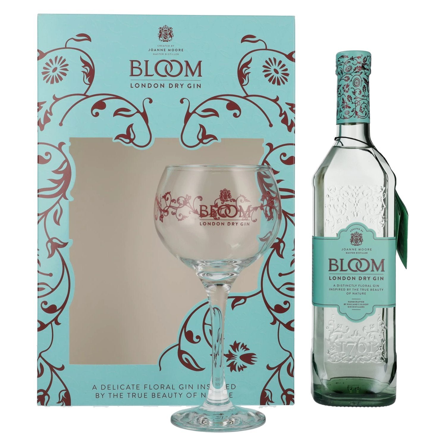 3a47223a9414115d5ff8103e8781f9fe18b5939fe1bddedd72645c44075a61a0.jpg Bloom London Dry Gin 40% Vol. 0.7l in gift box with glass - Image 1
