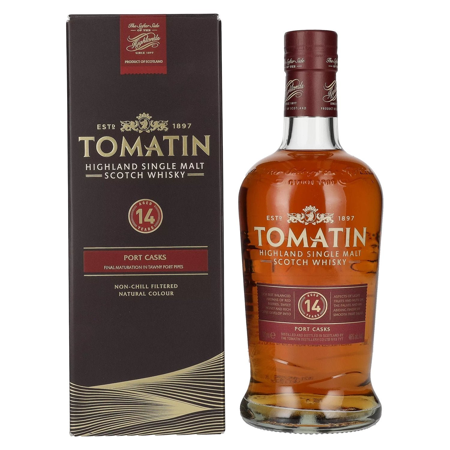 3aa9a9567ecba9959c5379af0695f46fd95728014d23674fae7369567f5adc0e.jpg Tomatin 14 Years Old PORT CASKS 46% Vol. 0,7l in gift box - Image 1