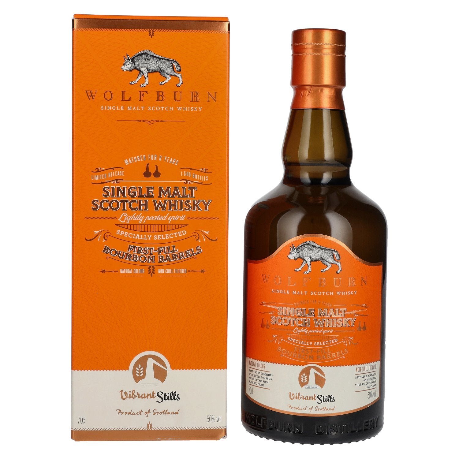 3b35e7db89aabbaa51c139c6c734b8eccf55e964d082f6b30d569836d49b3d03.jpg Wolfburn VIBRANT STILLS 8 Years Old Specially Selected First-Fill Bourbon Barrels 50% Vol. 0,7l in gift box - Image 1