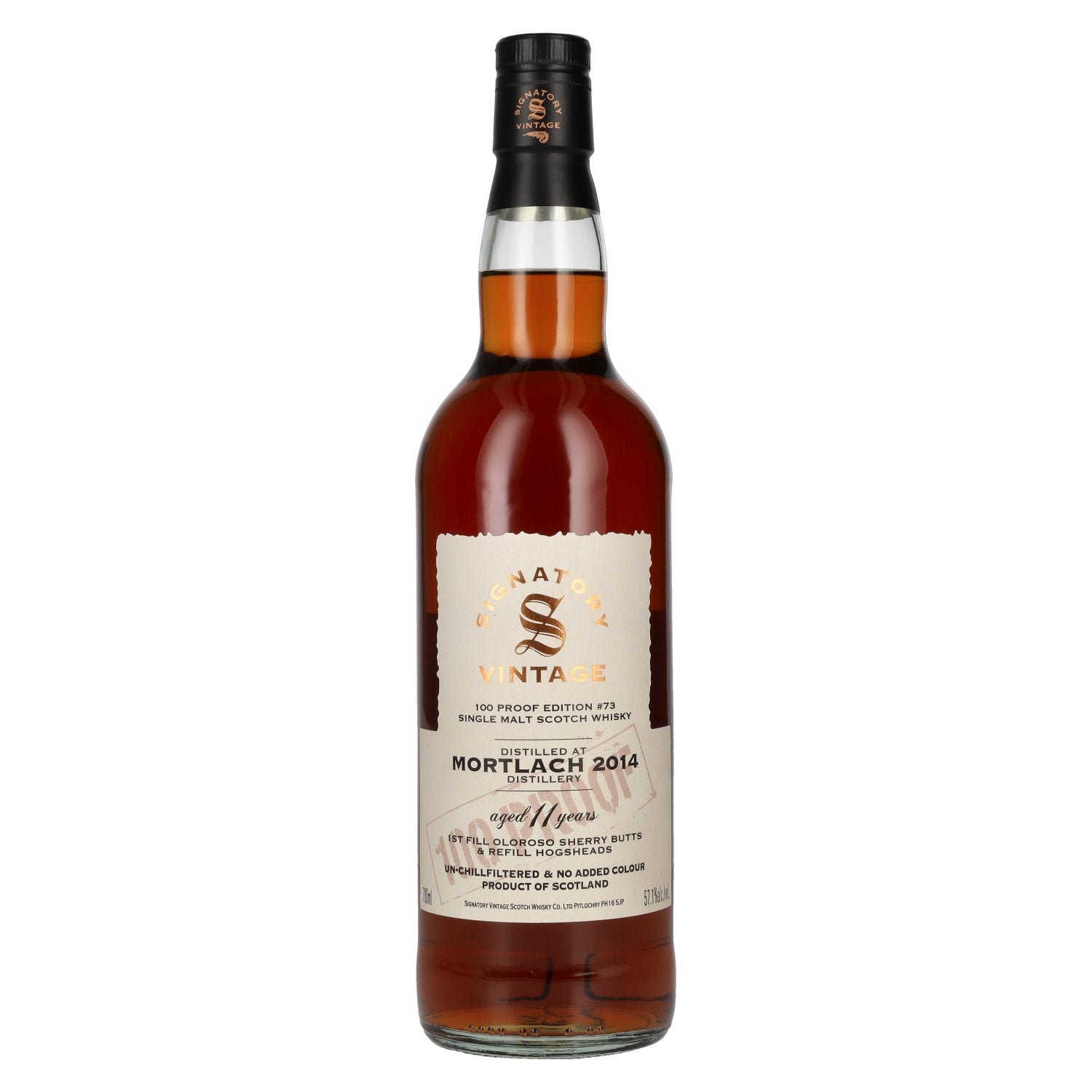 3b6b7b75632560ea01668bdf5d6b182368fa28b7318080ae599651c1a57284e6.jpg Signatory Vintage 100 Proof Edition MORTLACH 11 Years Old Oloroso Sherry Butts #73 2014 57,1% Vol. 0,7l - Image 1