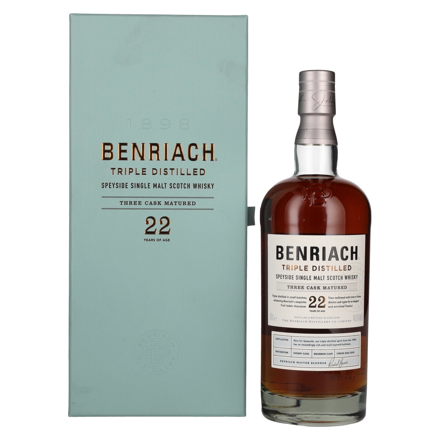 3d123e52df6a19109e37b3700e291ce1a28b19f2bc12b05d3e68b962e45f9393.jpg Benriach 22 Years Old Triple Distilled Three Cask Matured Single Malt 46,8% Vol. 0,7l in gift box - Image 1