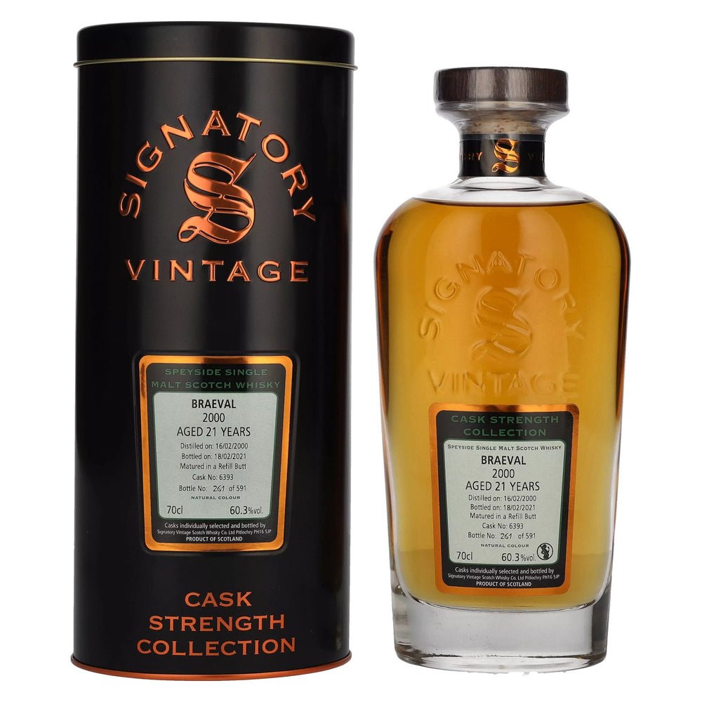 3e207b33b1e18b6d4b29d90f8d6a8ab4780ac7eabfbbac08e336d6add586aab3-1.jpg Signatory Vintage BRAEVAL 21 Years Old Cask Strength 2000 60,3% Vol. 0,7l in Tinbox - Image 1