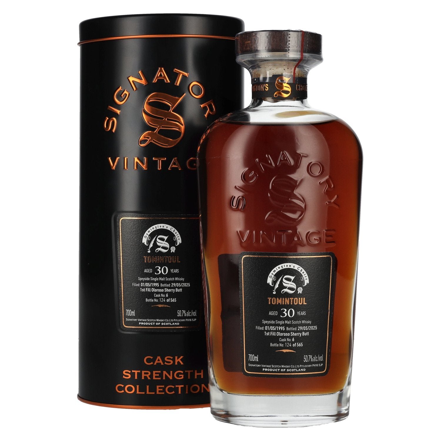 3e9b2d0bb7afed506ab5cf24f88b3e9e256d9611da726ec8a5b75872ab90ea8b.jpg Signatory Vintage TOMINTOUL 30 Years Old Cask Strength #6 1995 50,7% Vol. 0,7l in Tinbox - Image 1