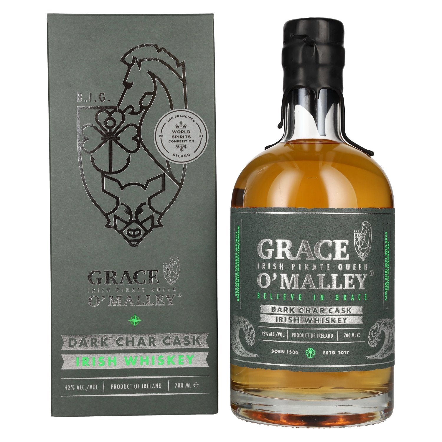 44adf68557f1a073d7c66aed7b72563ed5358b28c34baf879bea10c8737c82ae.jpg Grace O' Malley Irish Pirate Queen Whiskey Dark Char Cask 42% Vol. 0,7l in gift box - Image 1