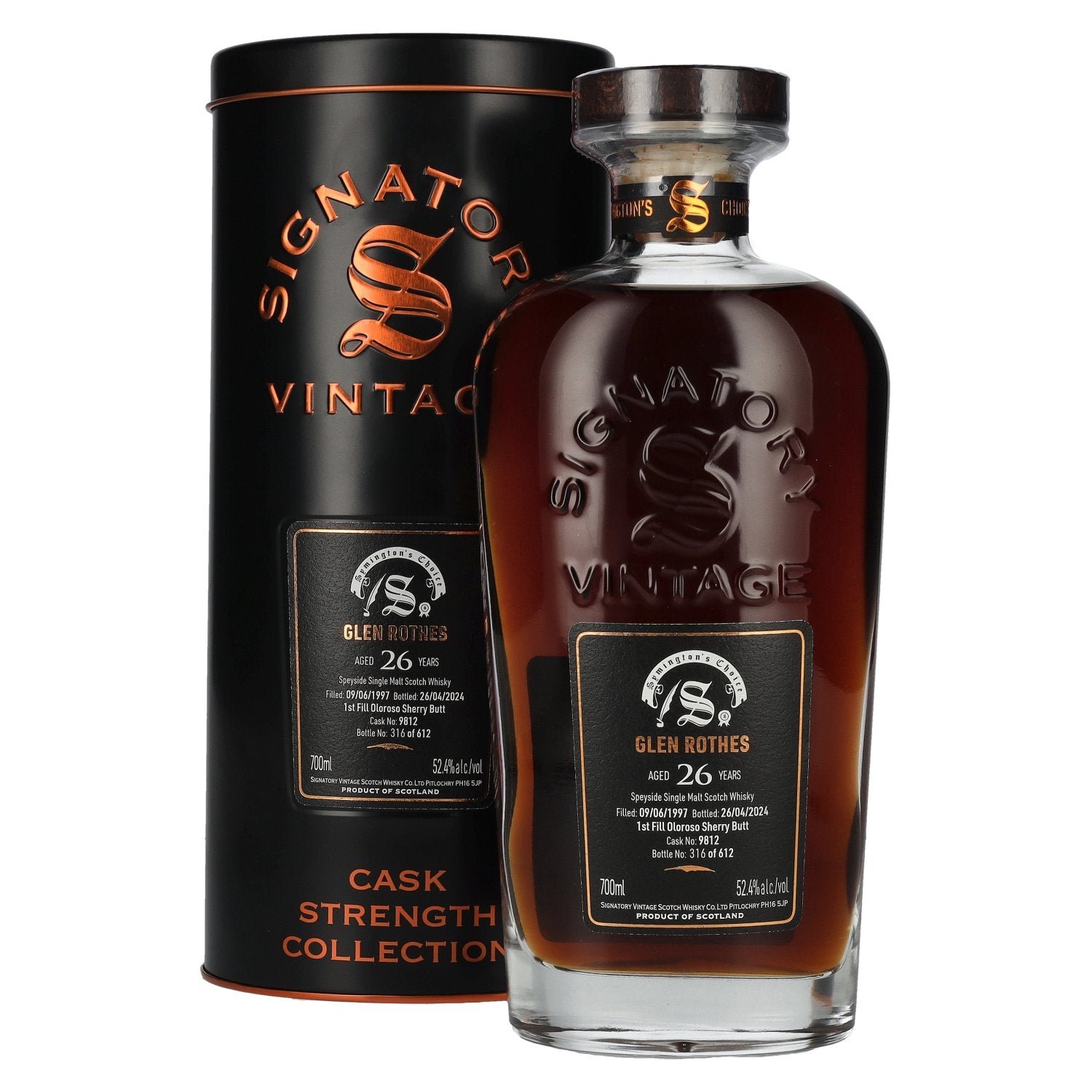 4508f0cc78226c39516b16926d48ae806b59a455d74df4a91b997706ec999ca9.jpg Signatory Vintage GLEN ROTHES 26 Years Old Cask Strength #9812 1997 52,4% Vol. 0,7l in Tinbox - Image 1