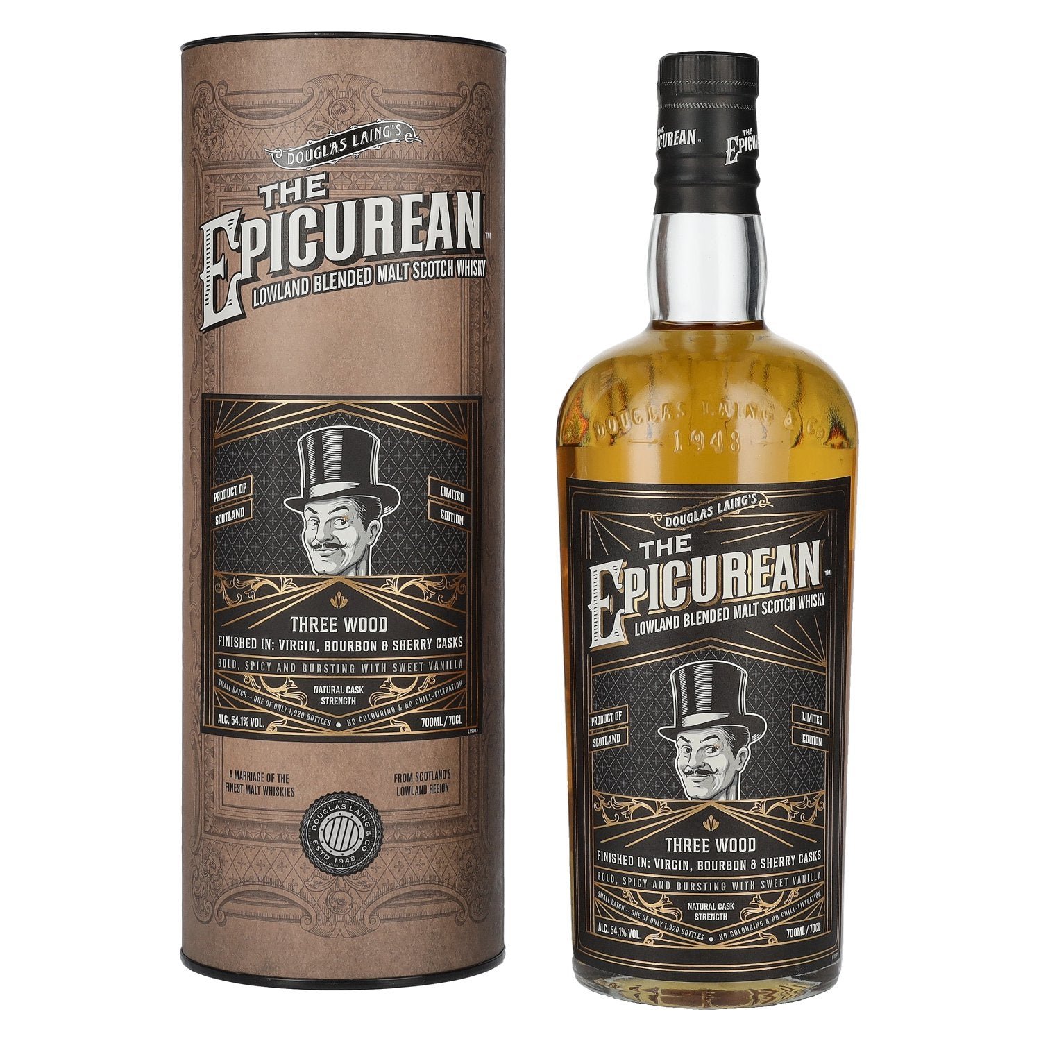 4bcbafc44d88adb55c26ecc8c94b9312974dca0aa5d8fdd194953b233ec7ca4f.jpg Douglas Laing THE EPICUREAN Three Wood Lowland Blended Malt 54,1% Vol. 0,7l in gift box - Image 1