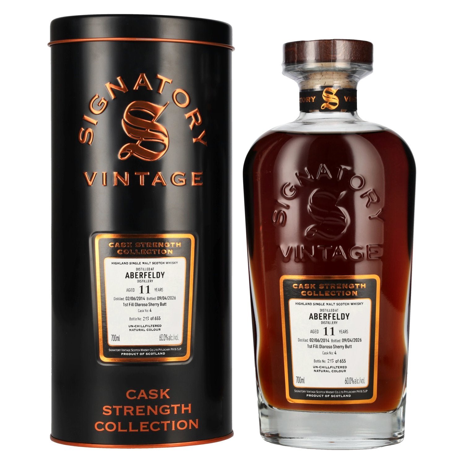4e7bd78a14dee58341d7594f0df06a3da68f09caec5eda4c66bd0004e9b132c5.jpg Signatory Vintage Aberfeldy 11 Years Old Cask Strength 1st Fill Oloroso Sherry #4 2014 60% vol. 0.7 l in a tin box - Image 1
