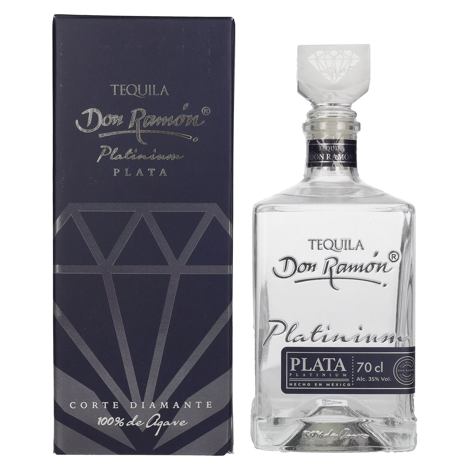 4f7f3dc592543b06164b6ef85242f159fd72c8e18f8874cb00a2ab1df45b77e3.jpg Don Ramón Platinum Plata 100% Agave 35% Vol. 0,7l in gift box - Image 1