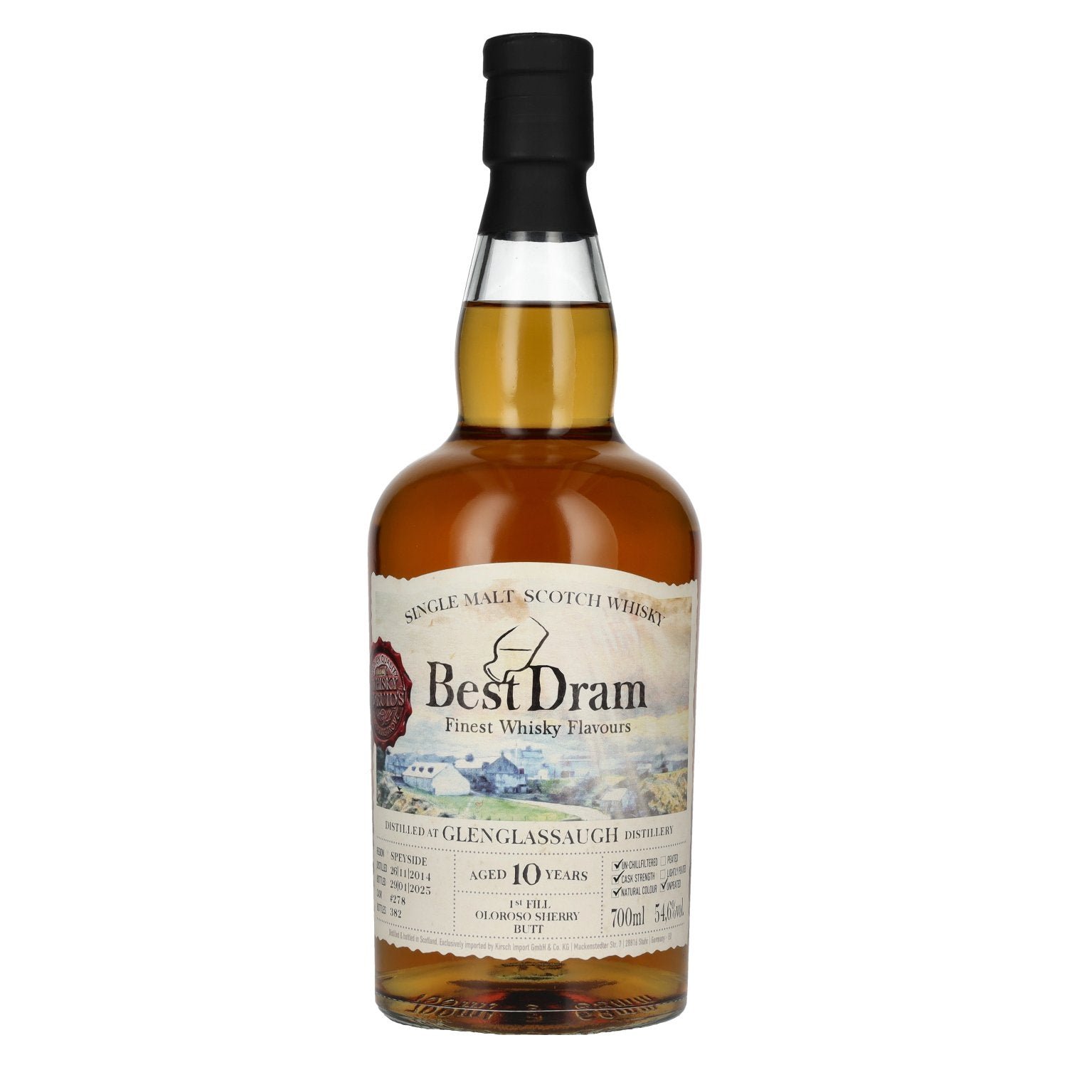 51c4d42330bd5d649e7a5fd9a68a1de0b5ed3d2eb16437e351615d4f15bb345c.jpg Best Dram 10 Years Old Glenglassaugh 1st Fill Oloroso Sherry Butt Single Malt #278 2014 54,6% Vol. 0,7l - Image 1