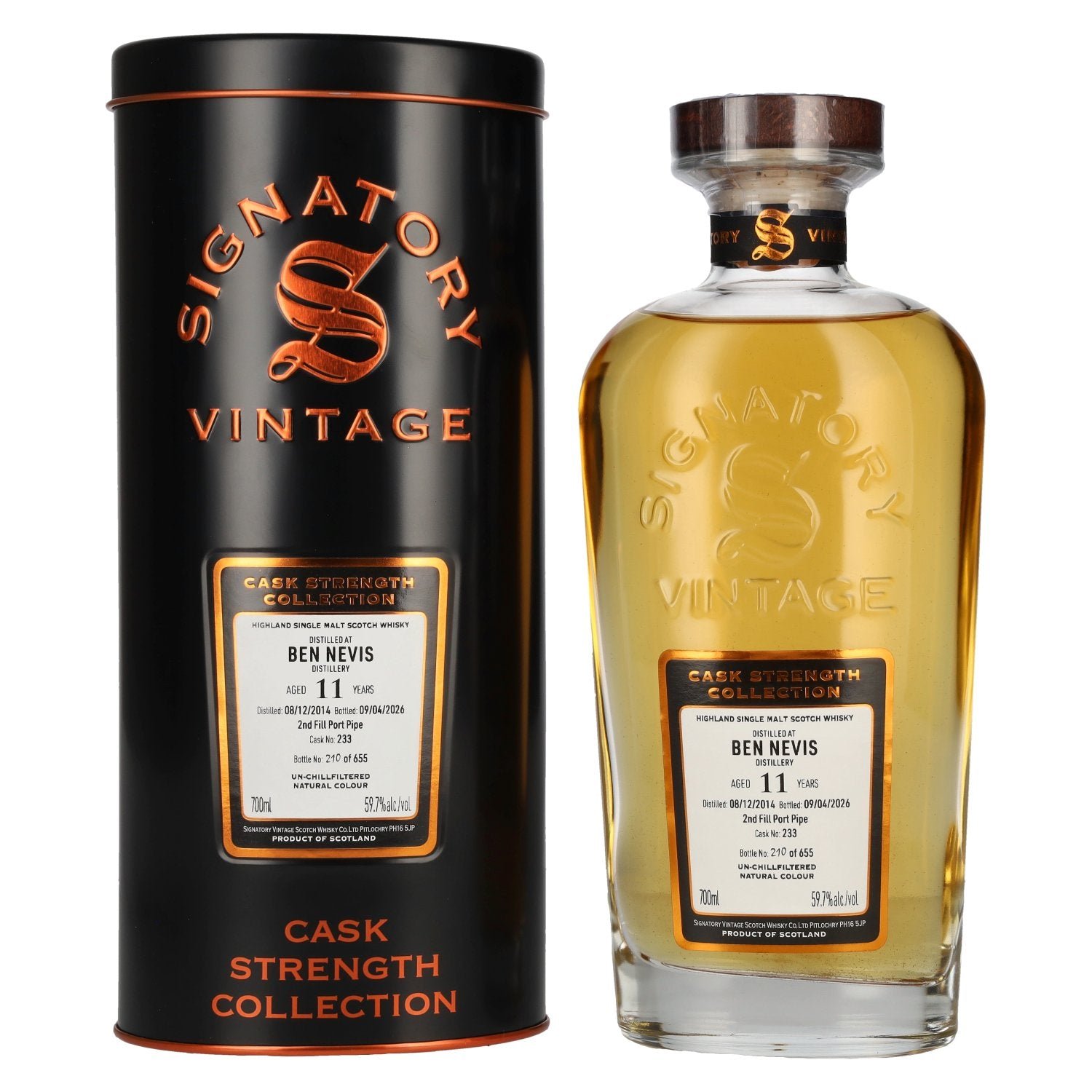 641bad5117ccafb271521f8274203a888320f3acb863a1ea9f181692a985c6f4.jpg Signatory Vintage Ben Nevis 11 Years Old 2nd Fill Port Pipe Cask Strength #233 2014 59.7% vol. 0.7 l in a tin box - Image 1