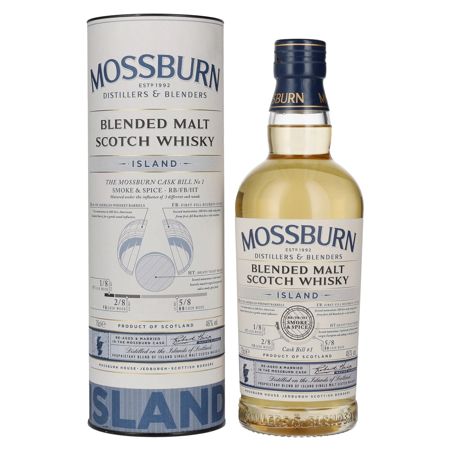 6b10296ac04af124de894a59b6121f8b28d23f4616b597e34adeabf3744f3f7b.jpg Mossburn ISLAND Blended Malt Scotch Whisky 46% Vol. 0,7l in gift box - Image 1