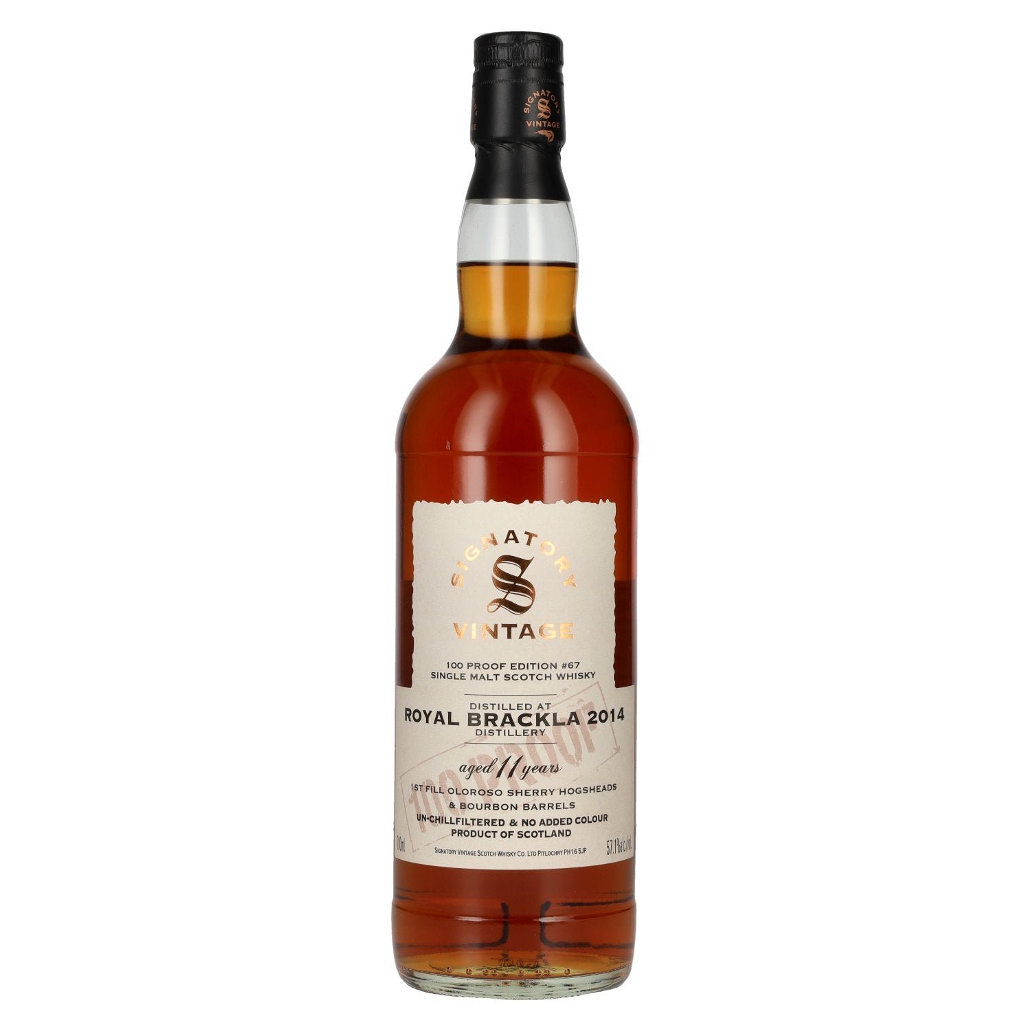 6ef025169ddfc4a122d10ee60b025cf98d1cbb9fe01351f8adfc7cdfba17adc0.jpg Signatory Vintage 100 Proof Edition ROYAL BRACKLA 11 Years Old Single Malt #67 2014 57,1% Vol. 0,7l - Image 1