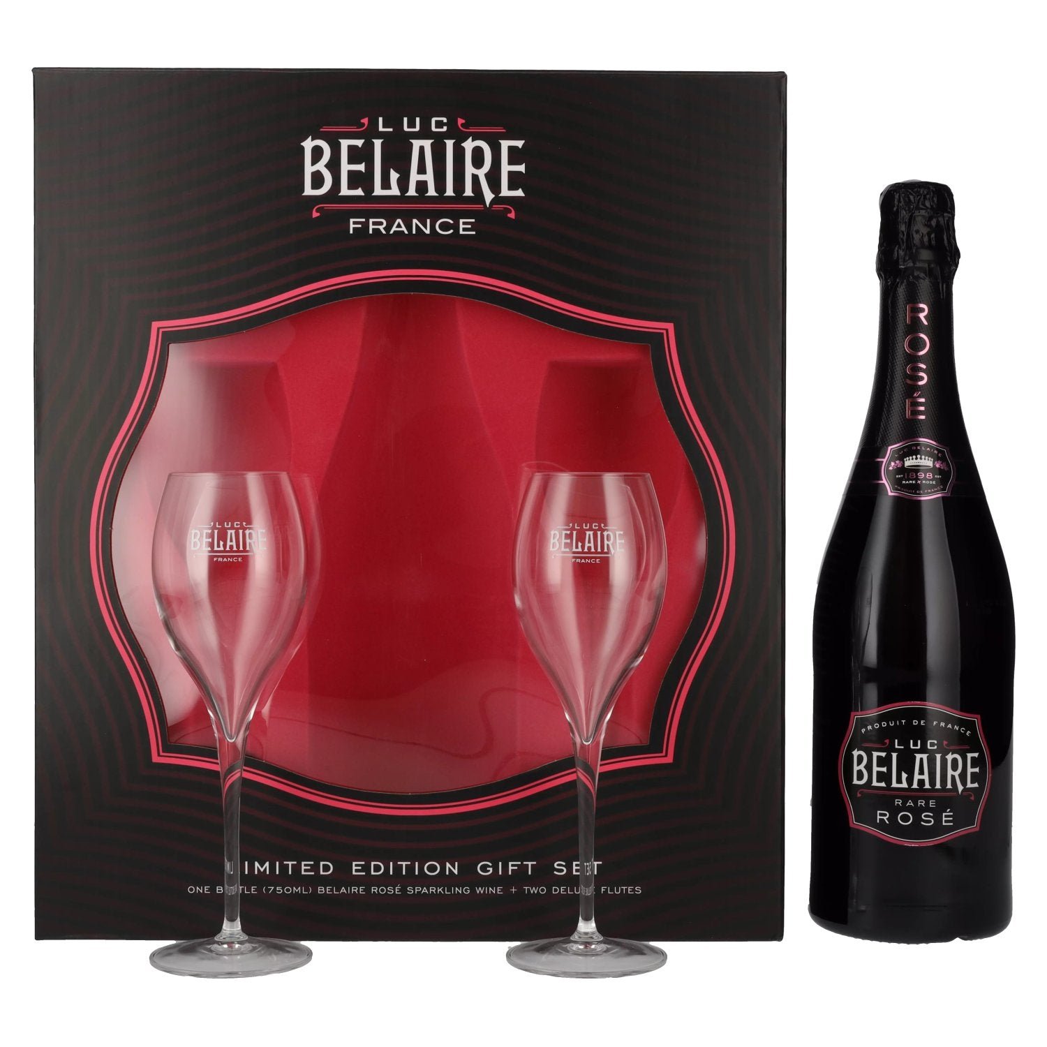 7219713a311ceeb40694e3d71105391f41d4b34374eb94c9c5309f15056cd99b.jpg Luc Belaire Rare Rosé 12,5% Vol. 0,75l in gift box with 2 glasses - Image 1