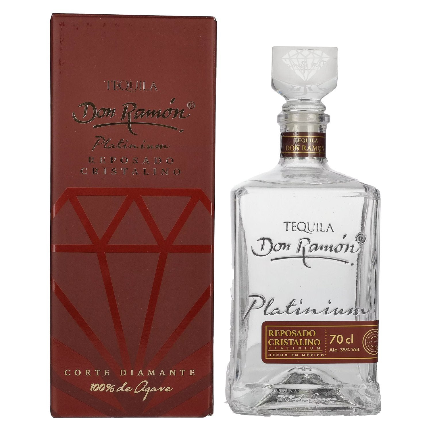 73623e5e8ea9ed8598348b7599d7f269ae56c2516c91392cad3eabea58024962.jpg Don Ramón Platinum Reposado Cristalino 100% Agave 35% Vol. 0,7l in gift box - Image 1