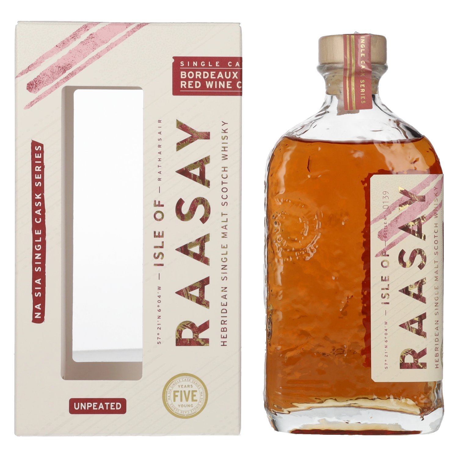 81c6e8c2c03aa3f408847614e879a4c026a41968ee64aa7e56ee0ccdecca5961.jpg Isle of Raasay 5 Years Old Bordeaux Red Wine Cask Single Malt 60,3% Vol. 0,7l in gift box - Image 1