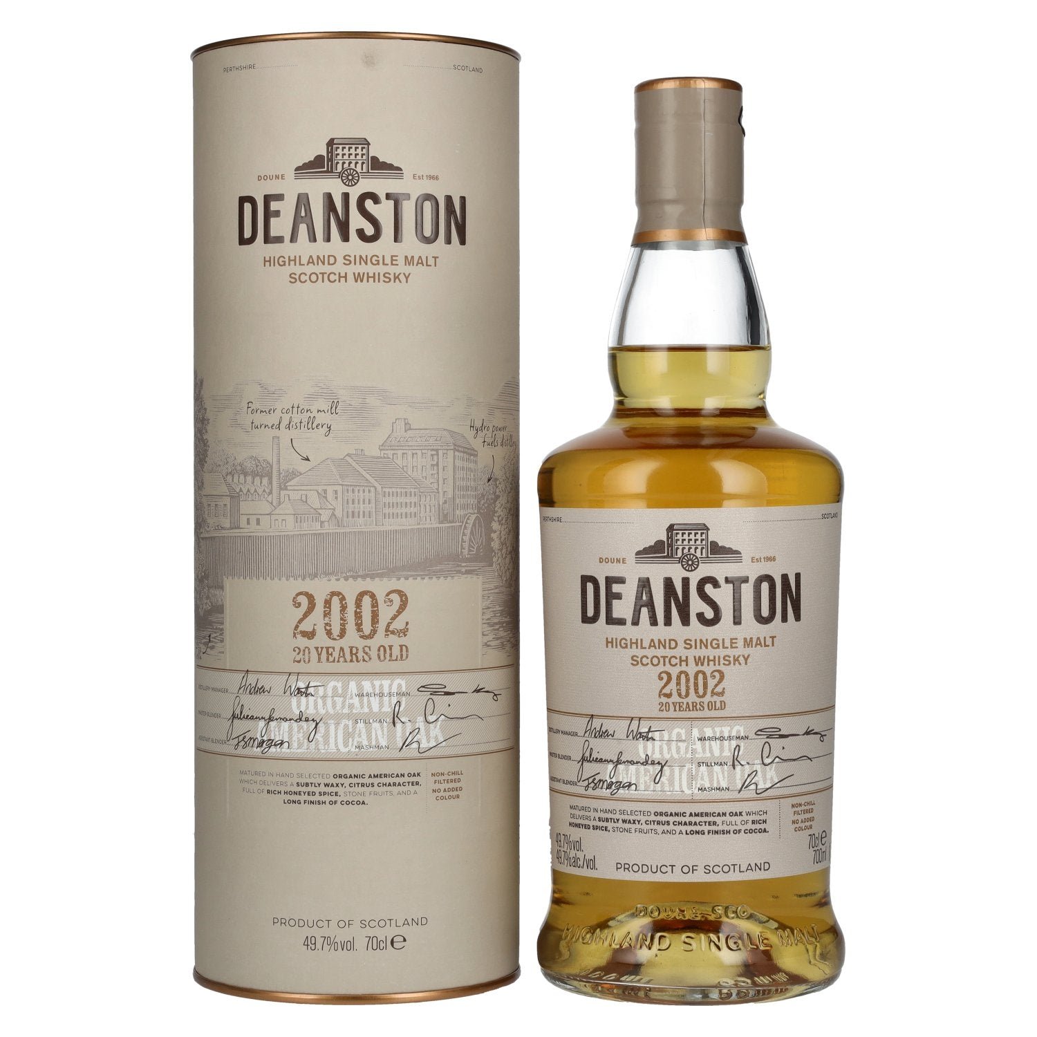 836ef0be5ebb3241434e09c38249271b31493377ee7f7e49f16c2dcfa5f176f0.jpg Deanston 20 Years Old Organic American Oak Highland Single Malt 2002 49,7% Vol. 0,7l in gift box - Image 1