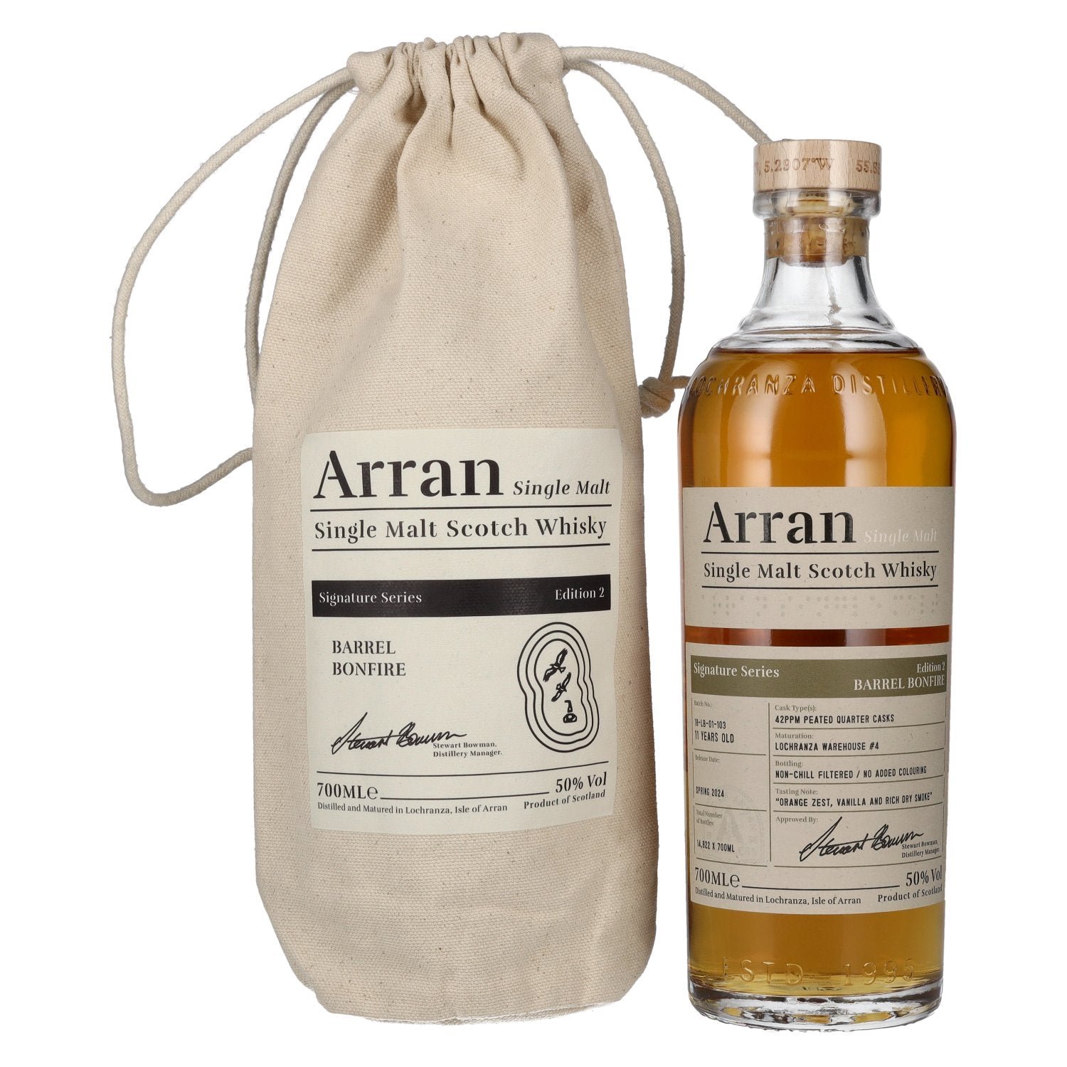 86cf598c22731ce6f170233f1bbe931b8e7bc79d2f07efcb5b77067da8487b28.jpg The Arran Malt Signature Series 2 BARREL BONFIRE Single Malt Scotch Whisky 50% Vol. 0,7l in a linen bag - Image 1