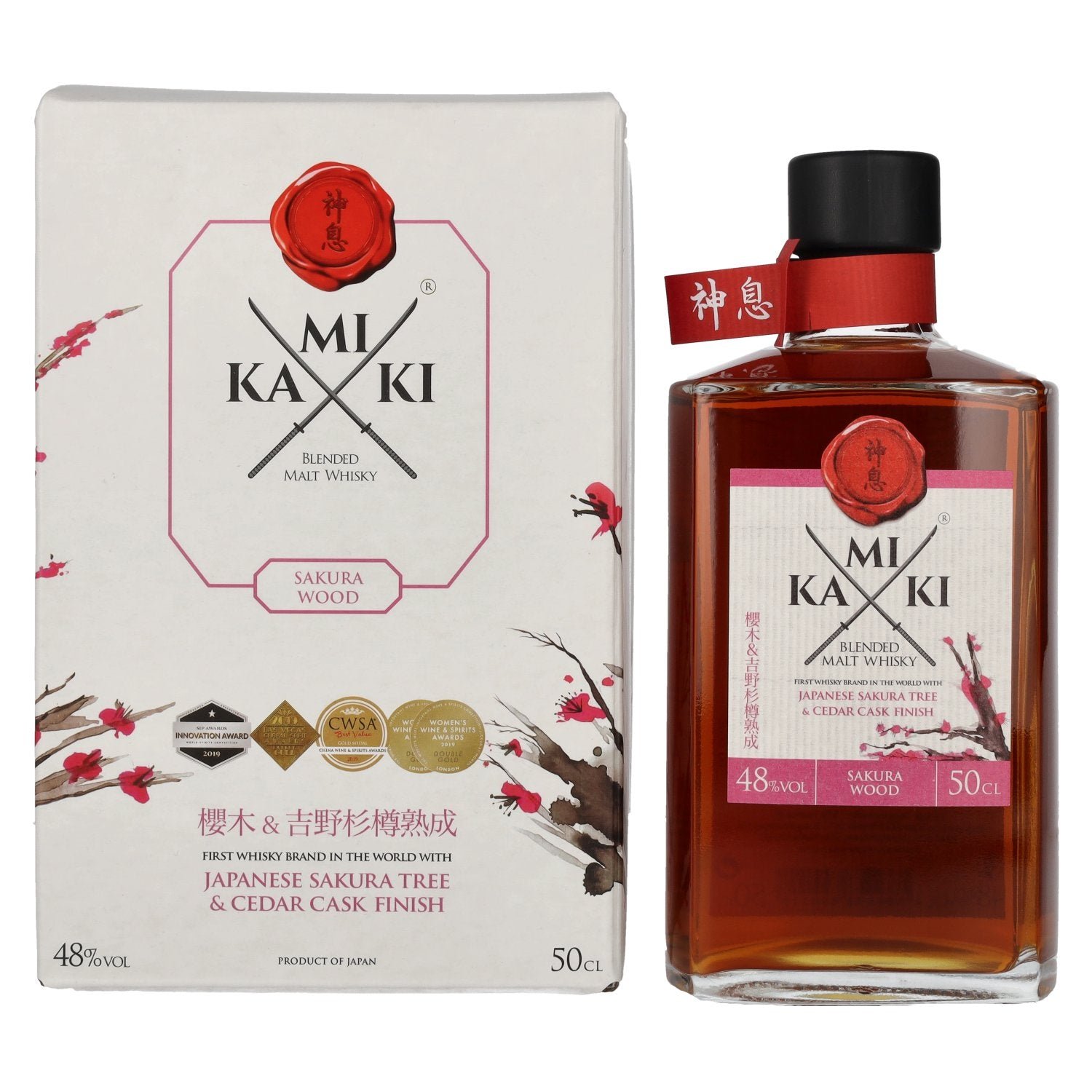 8e589acbffaa6a381f41af64a3dd855cb9351d40a00957db40c1916c6fb714c4.jpg KAMIKI Blended Malt Whisky SAKURA & CEDAR Cask Finish 48% Vol. 0,5l in gift box - Image 1