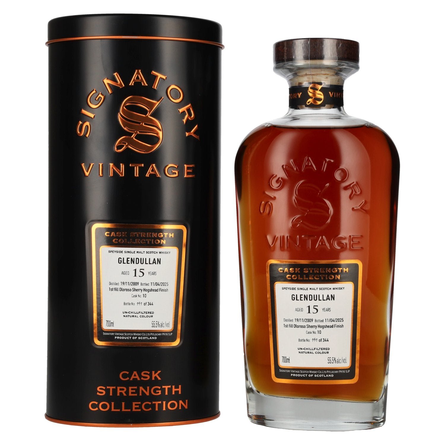 8efc066a269a1342e429f653830d5217324d19c64439780bef4d3908ebf0dd3b.jpg Signatory Vintage GLENDULLAN 15 Years Old 1st Fill Oloroso Cask Strength #10 2009 55,5% Vol. 0,7l in Tinbox - Image 1