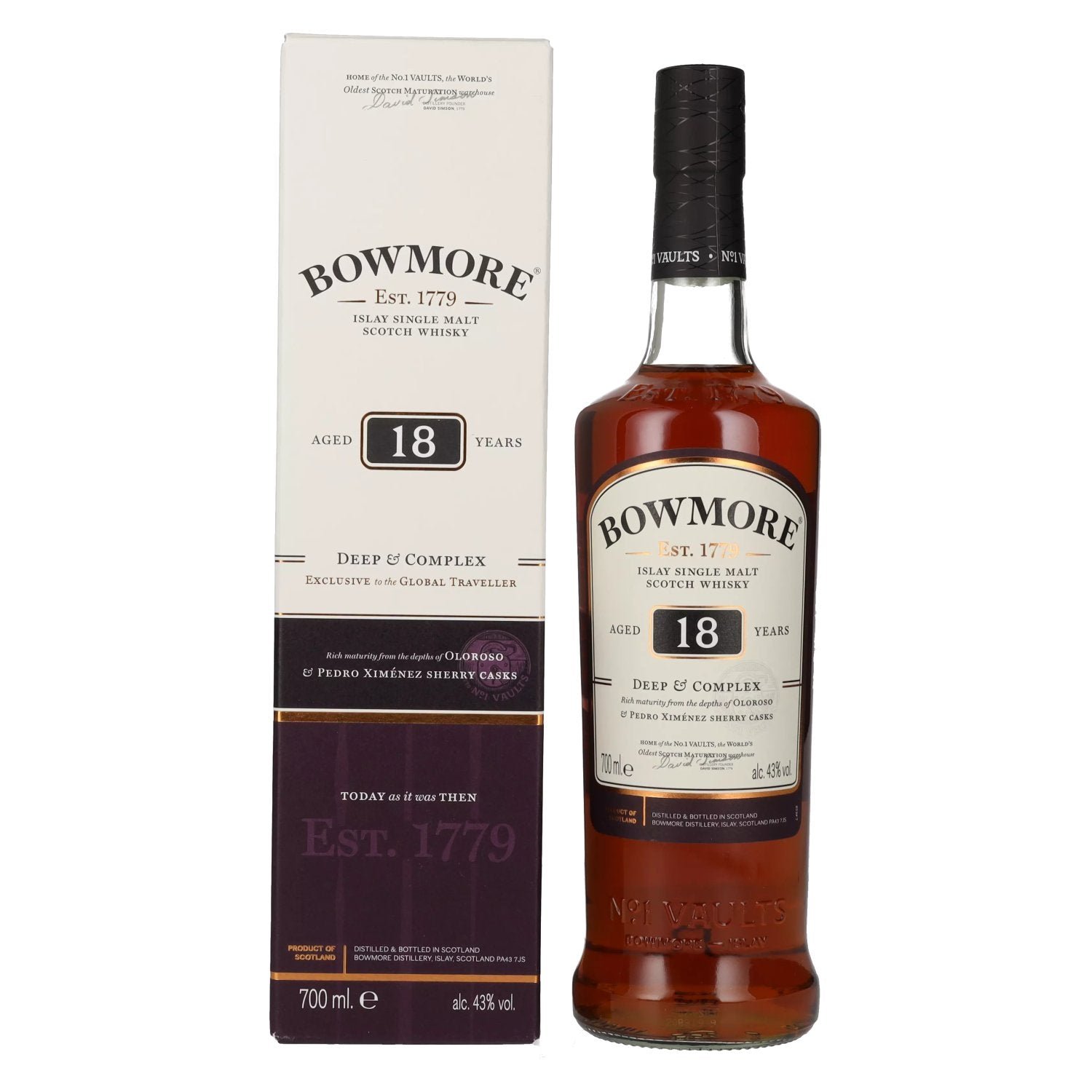 98ab3ebfa6934f56eb34b55693201cc1413713b24e169cba7afc73489fa94fd3.jpg Bowmore 18 Years Old DEEP & COMPLEX Travel Exclusive 43% Vol. 0,7l in gift box - Image 1
