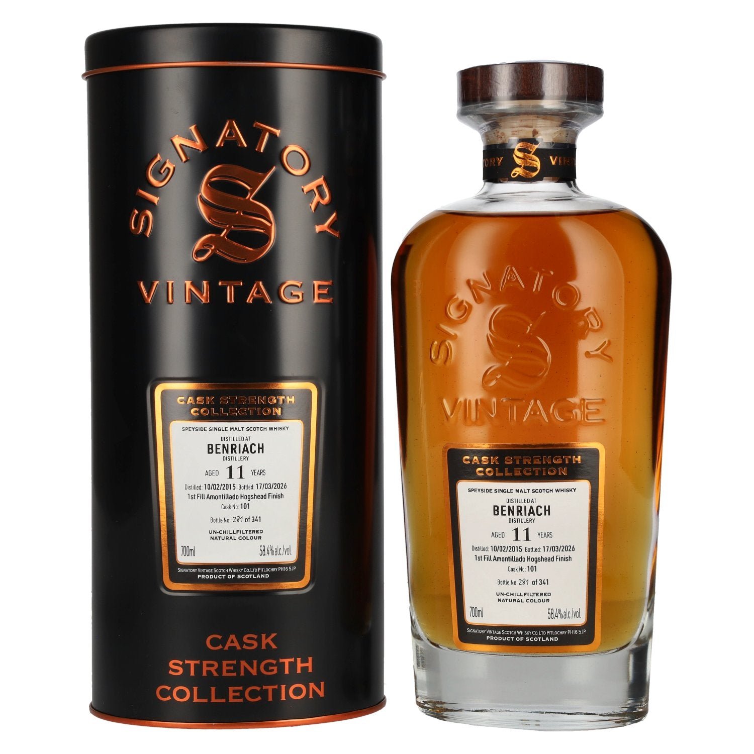 9c1bae43786fca4217cec403b63f330c81c0c3f26b420607102dec7688ab5159.jpg Signatory Vintage Benriach 11 Years Old, First-Fill Amontillado Cask, Cask Strength #101 2015, 58.4% vol., 0.7 l in a tin box - Image 1