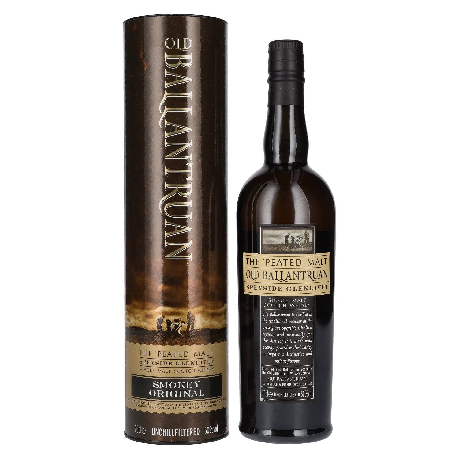 9f30e1c7cdb5175d1d50cf6e9dc152a241ec1056f7d917e31aec8f10ae95327f.jpg Old Ballantruan the PEATED MALT Unchillfiltered 50% Vol. 0,7l in gift box - Image 1