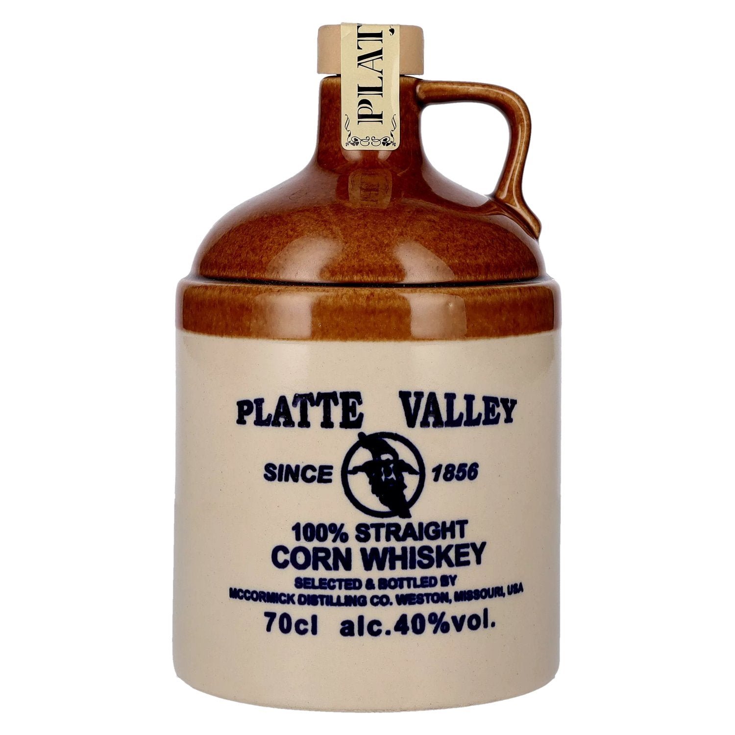a40cbfb0a5cc15cf417bb6f786a96f9a2033543d95b0188c5bfb59024b49c47d.jpg Platte Valley Corn Whiskey 3 Years Old 40% Vol. 0,7l in a clay jug - Image 1