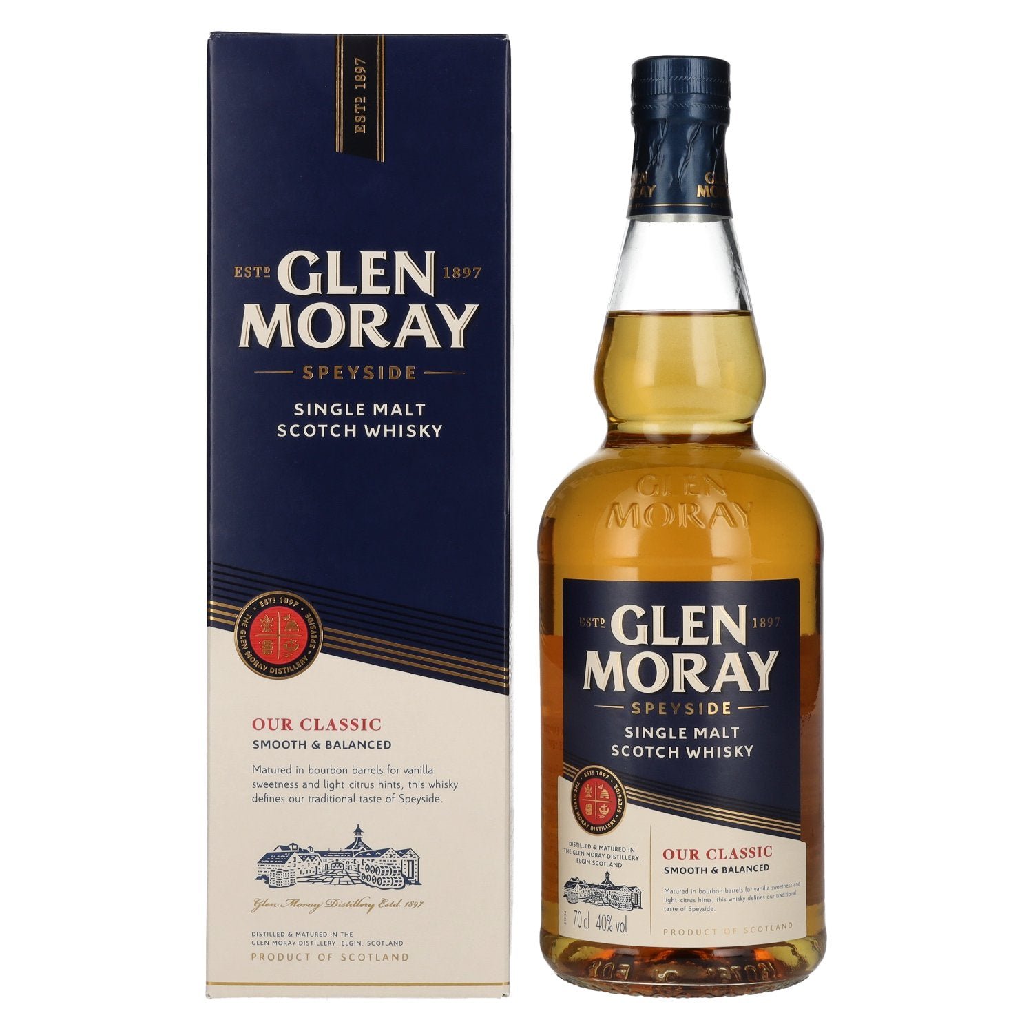 a46f9a3095f7d6f9019300208de81dc37aa47527574853a34810197061f5230f.jpg Glen Moray Our Classic 40% Vol. 0,7l in gift box - Image 1