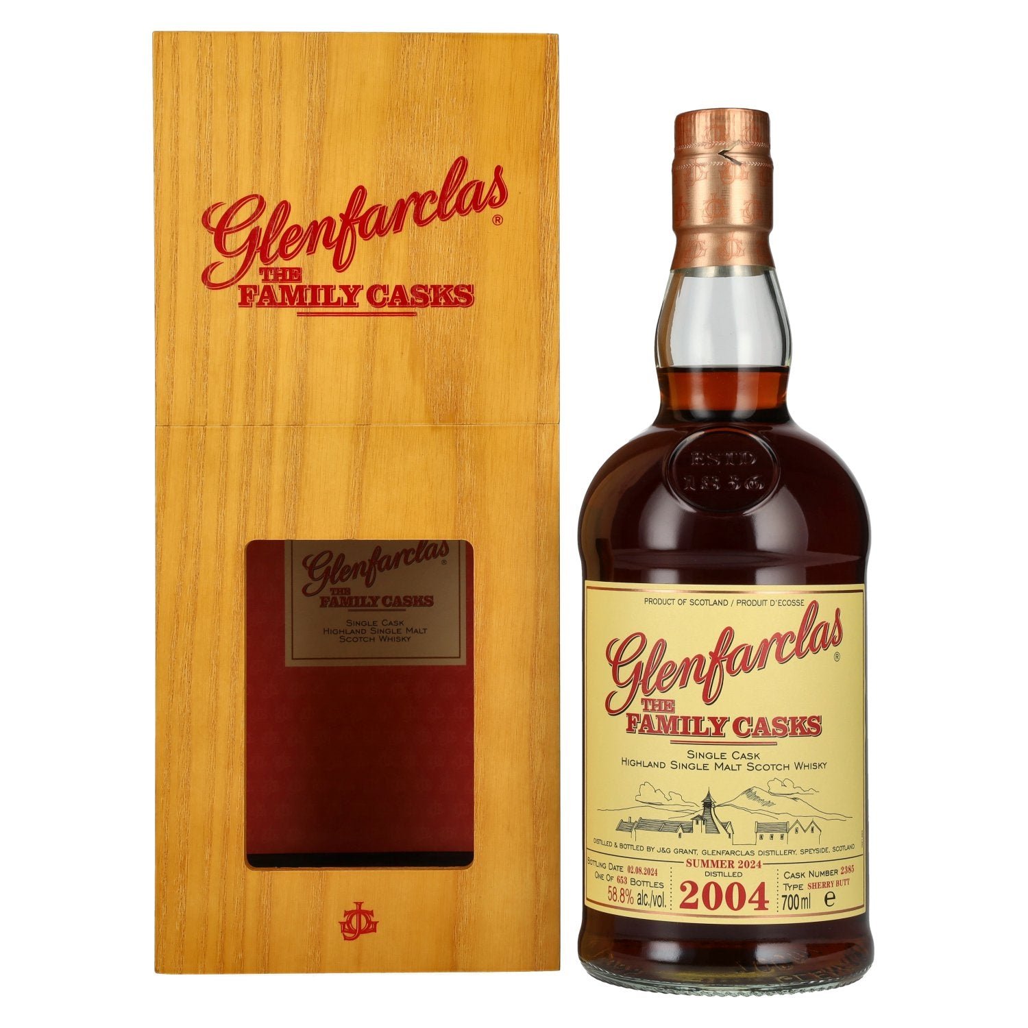 aa92aaec7083b72d542051c2544ea6f5c8a0628277ff7b443982003c424fd9a9.jpg Glenfarclas THE FAMILY CASKS Single Cask SUMMER 2024 Sherry Butt #2385 2004 58,8% Vol. 0,7l in wooden box - Image 1