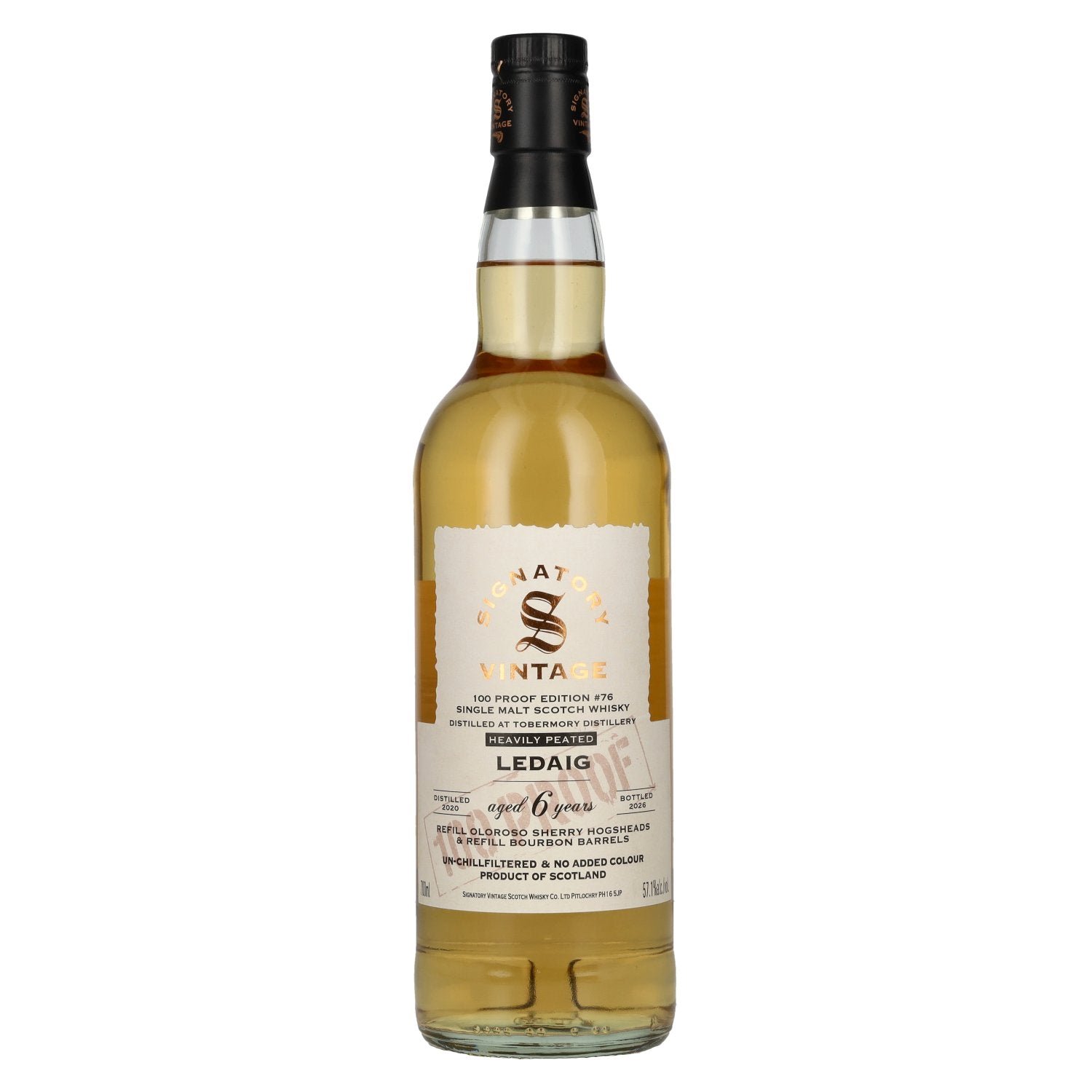 b0c42f19f3647d9a02ffbe266244f841cbb1055d6635b8a863074ecc6ac4a7a7.jpg Signatory Vintage 100 Proof Edition LEDAIG 6-Year-Old Single Malt #76 2020 57.1% vol. 0.7l - Image 1