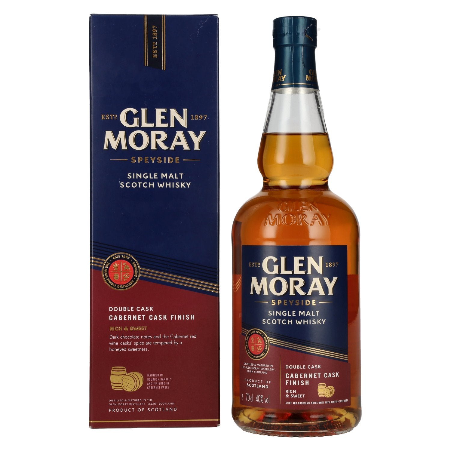 b2bf9e0adde598de4ff96be99da72c28357d15096a51f16c806e0a407f42f53a.jpg Glen Moray Cabernet Double Cask Finish Single Malt 40% Vol. 0,7l in gift box - Image 1