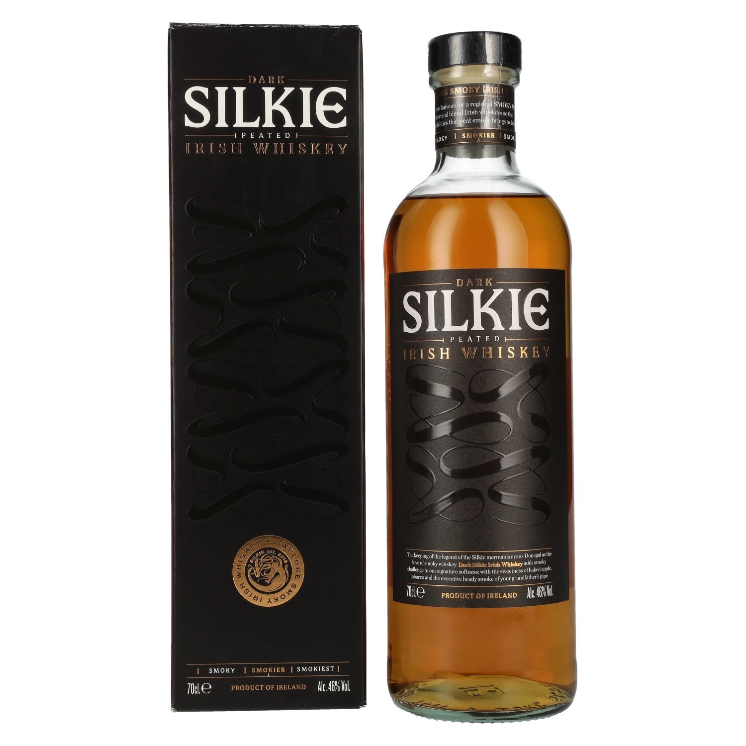 b69b9d6ff8717657a38860f471eb90e102dc5797dddee84d410dad1ed1117d03.jpg The Legendary DARK SILKIE Irish Whiskey 46% Vol. 0,7l in gift box - Image 1