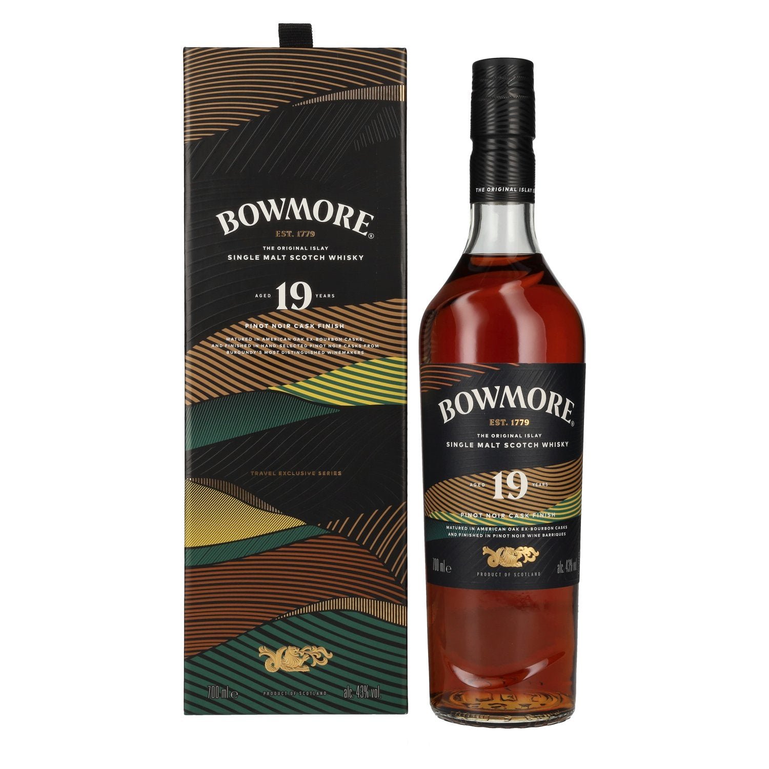 cac73c3618cf3ea6bd432d3900a8335514b7656839cb0e8430ddaac3b9c286ea.jpg Bowmore 19 Years Old Pinot Noir Cask Finish Islay Single Malt 43% Vol. 0,7l in gift box - Image 1
