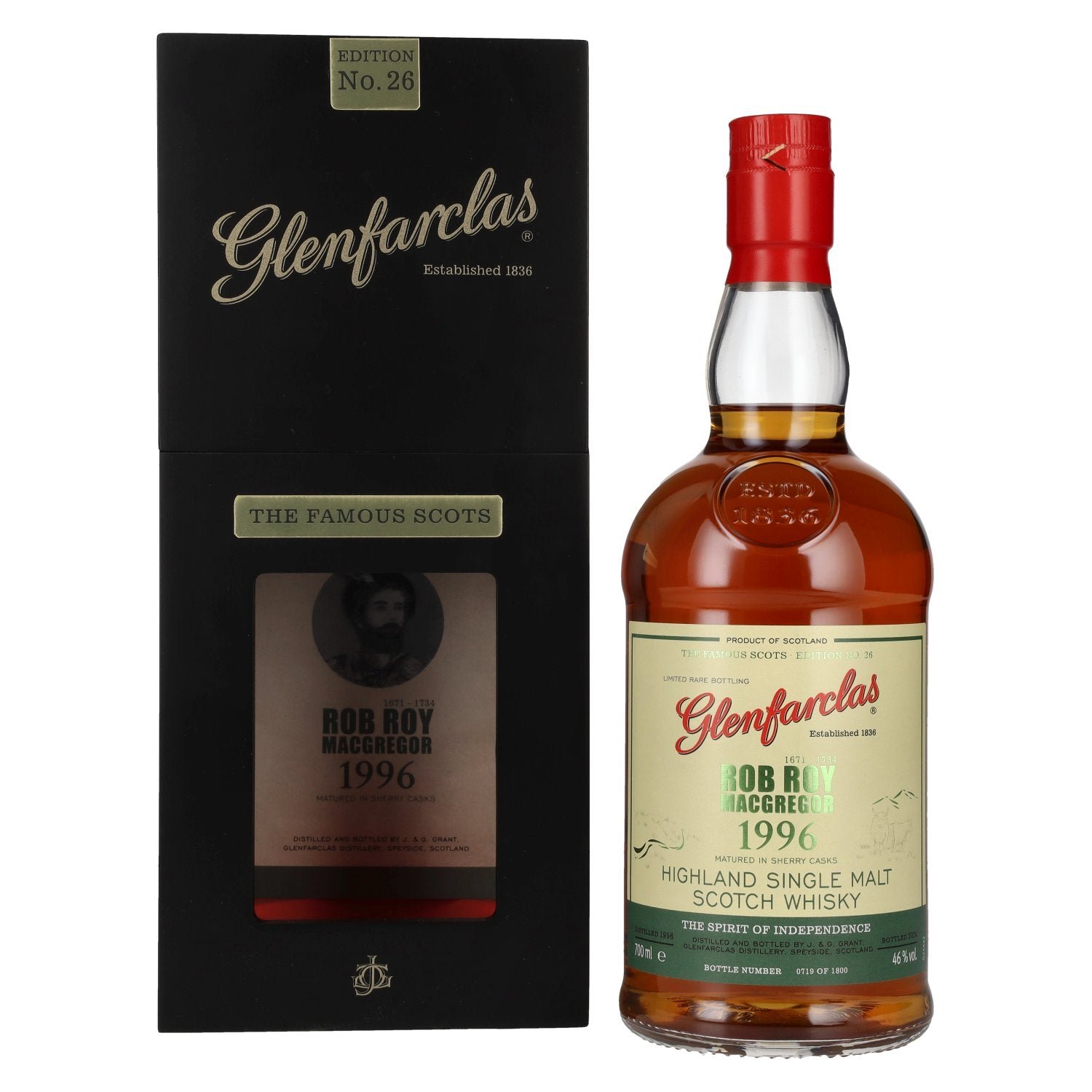 cd939654372be96af83bd9665b52e65ed874f74cf591424606c116d58e0cf456.jpg Glenfarclas The Famous Scots ROB ROY MACGREGOR Highland Single Malt 1996 46% Vol. 0,7l in gift box - Image 1