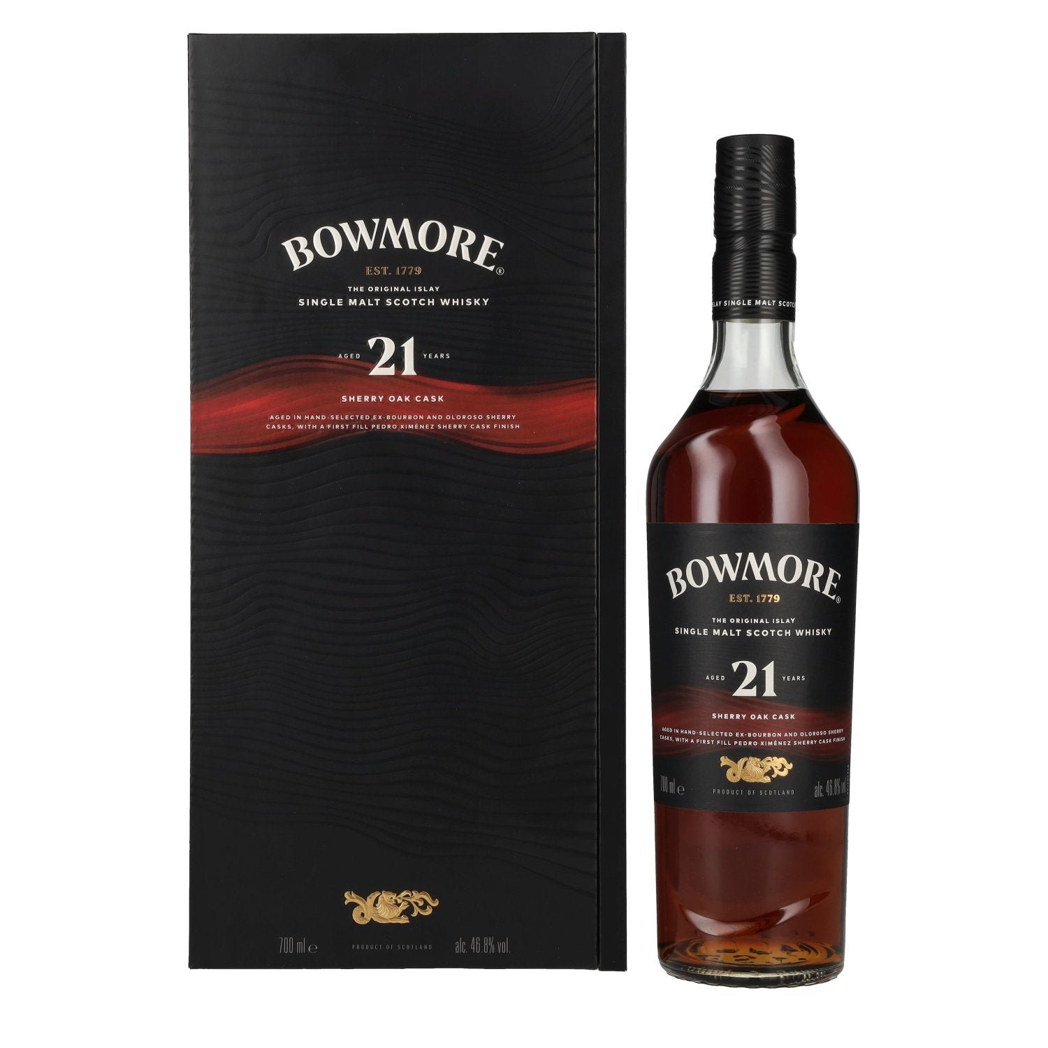 ce258b7d4ecb402c2f63e4f638389d64a9812aba9a9a7f91fa985ec4598d7623.jpg Bowmore 21 Years Old Sherry Oak Cask Islay Single Malt 46,8% Vol. 0,7l in gift box - Image 1