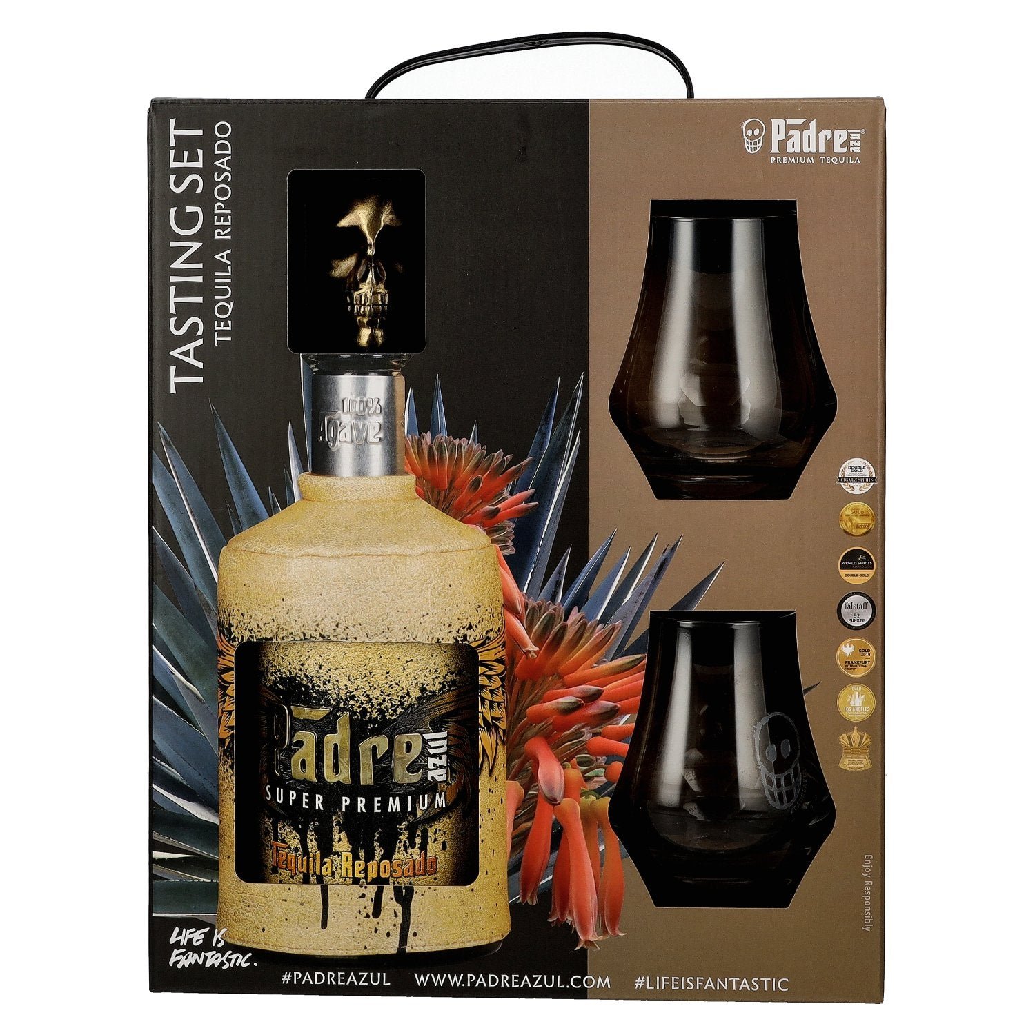 d38c8ad33c291ae3aef2d5f568b5df4827ecce5b458e4465df1135f7522d67c9.jpg Padre Azul Super Premium Tequila Reposado 100% Agave 40% Vol. 0,7l in gift box with 2 glasses - Image 1